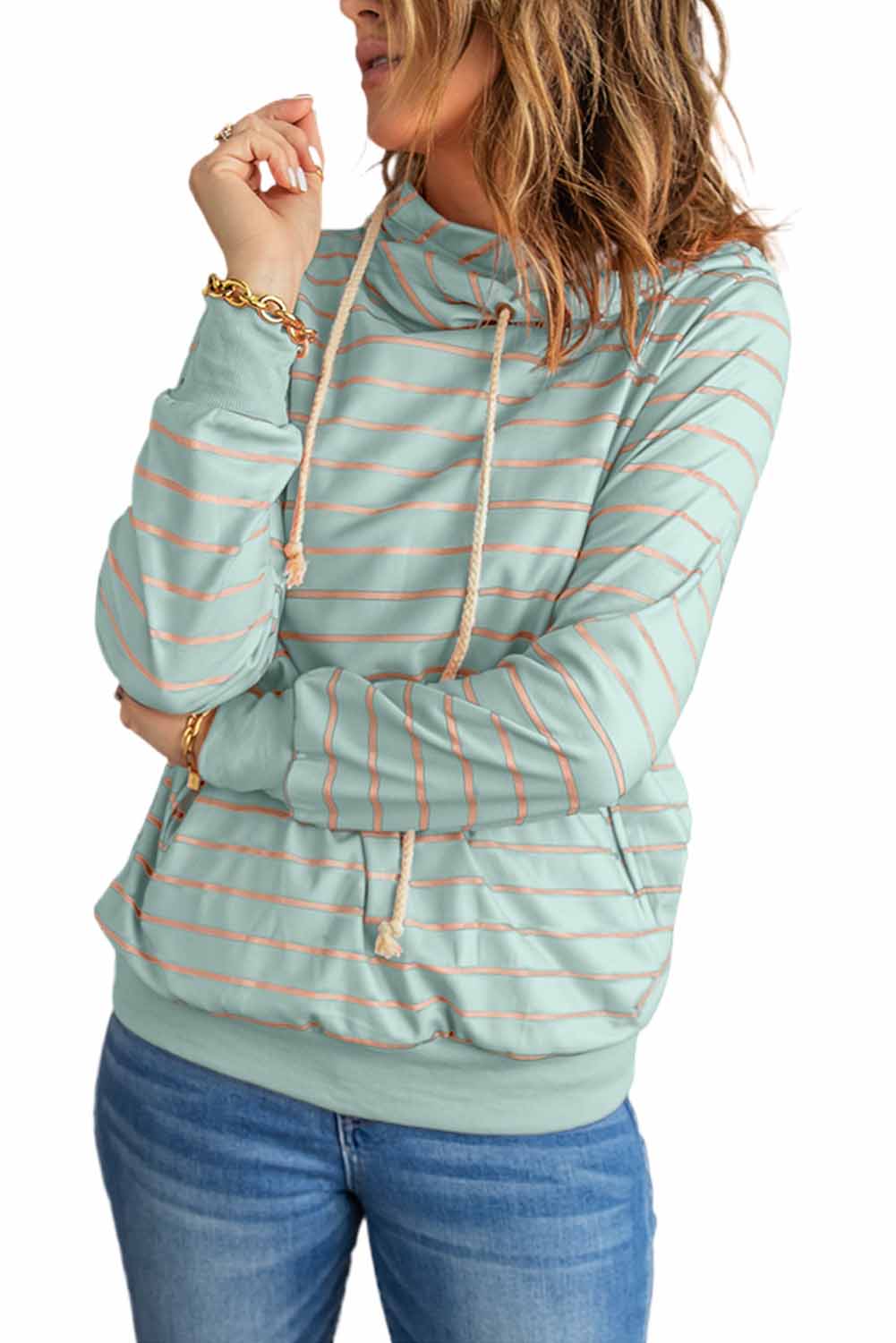 Hoodie for Women Green Striped Turtleneck