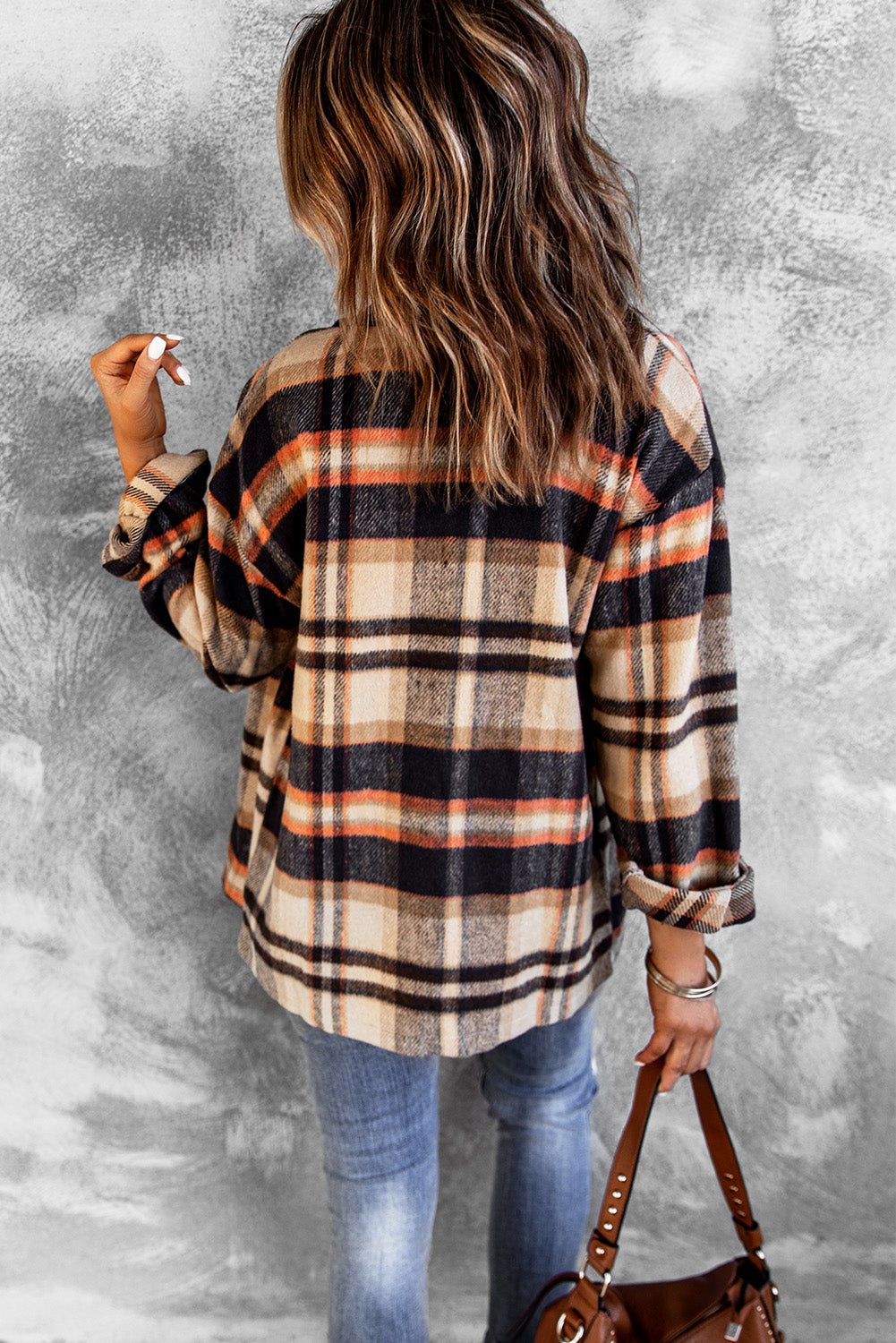 Women's Shirt Jacket with Orange Geometric Plaid