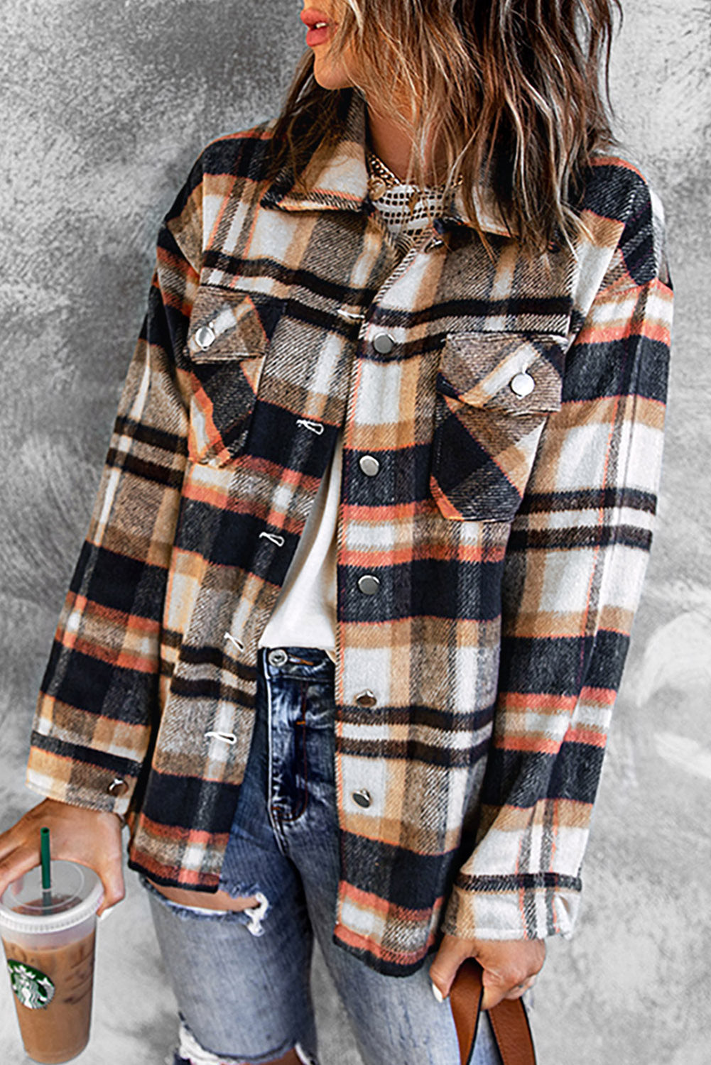 Women's Shacket with Blue Geometric Plaid