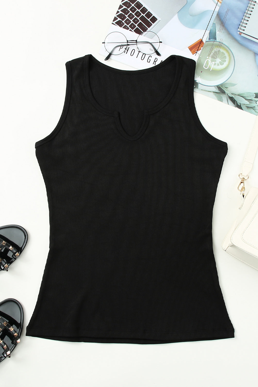 Women's Everyday Black Rib-Knitted Knitted Tank Top