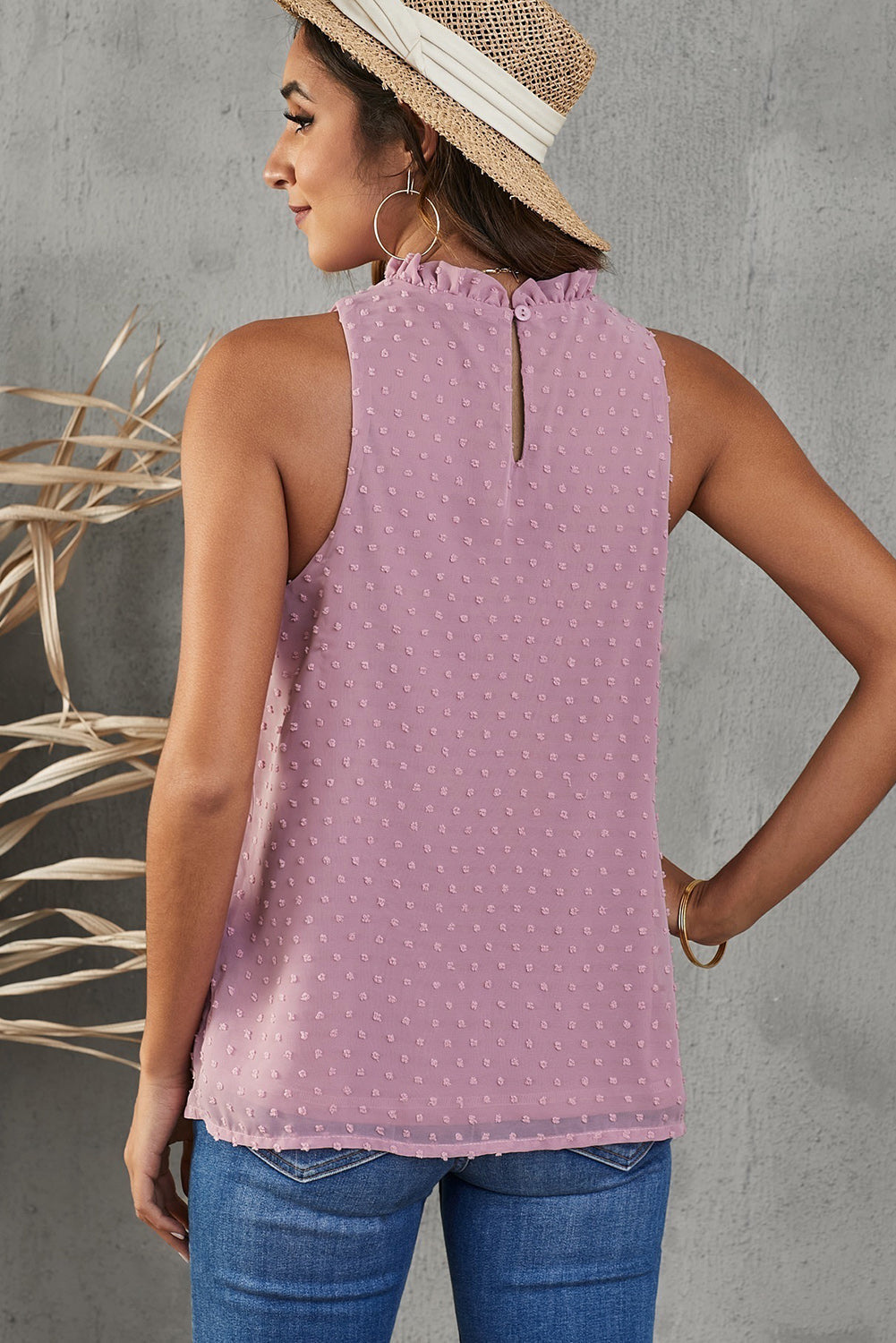 Women's Tank with Dot Ruffle-Trimmed Pink Swiss