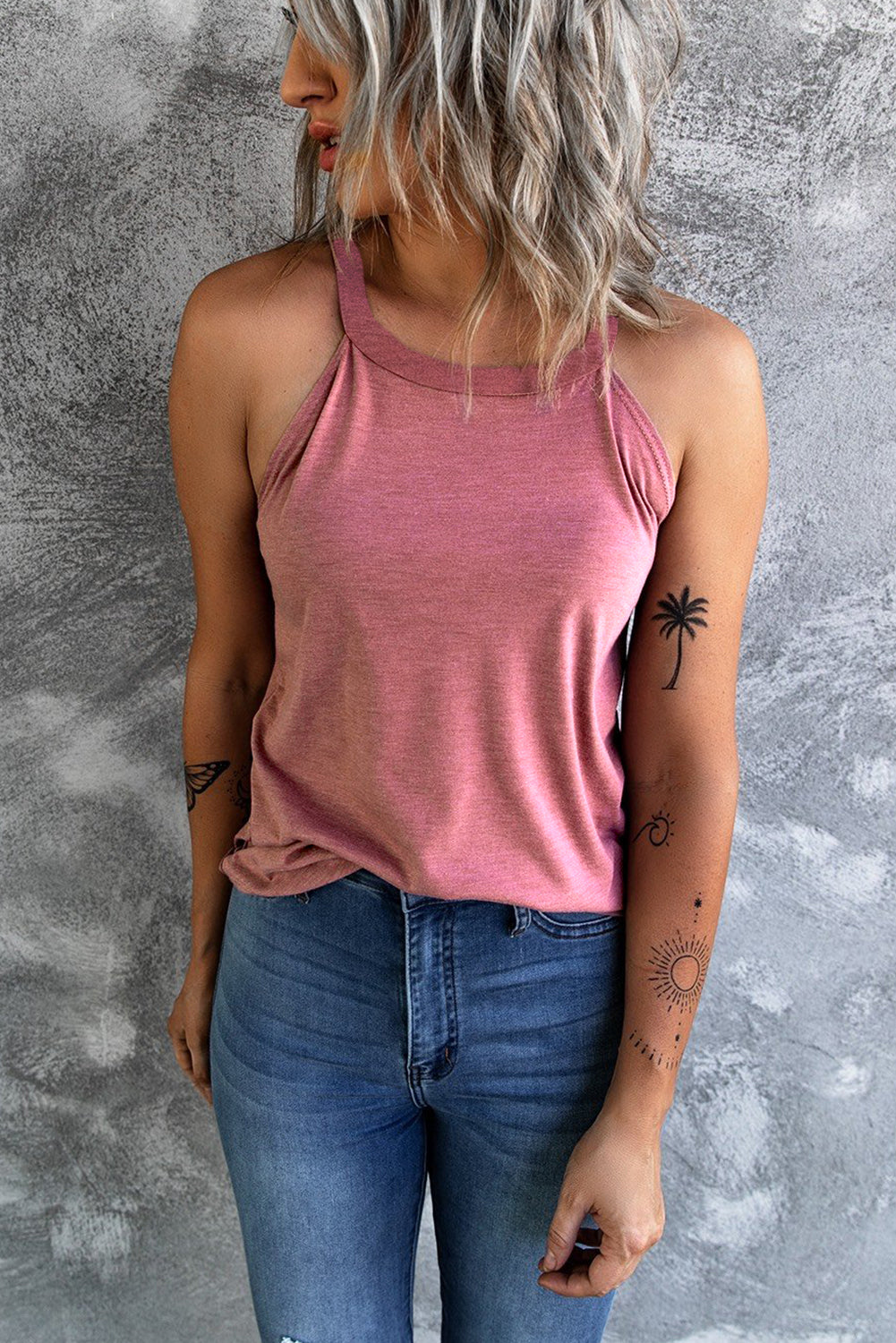 Women's Crew Neck Pink Color Tank Top