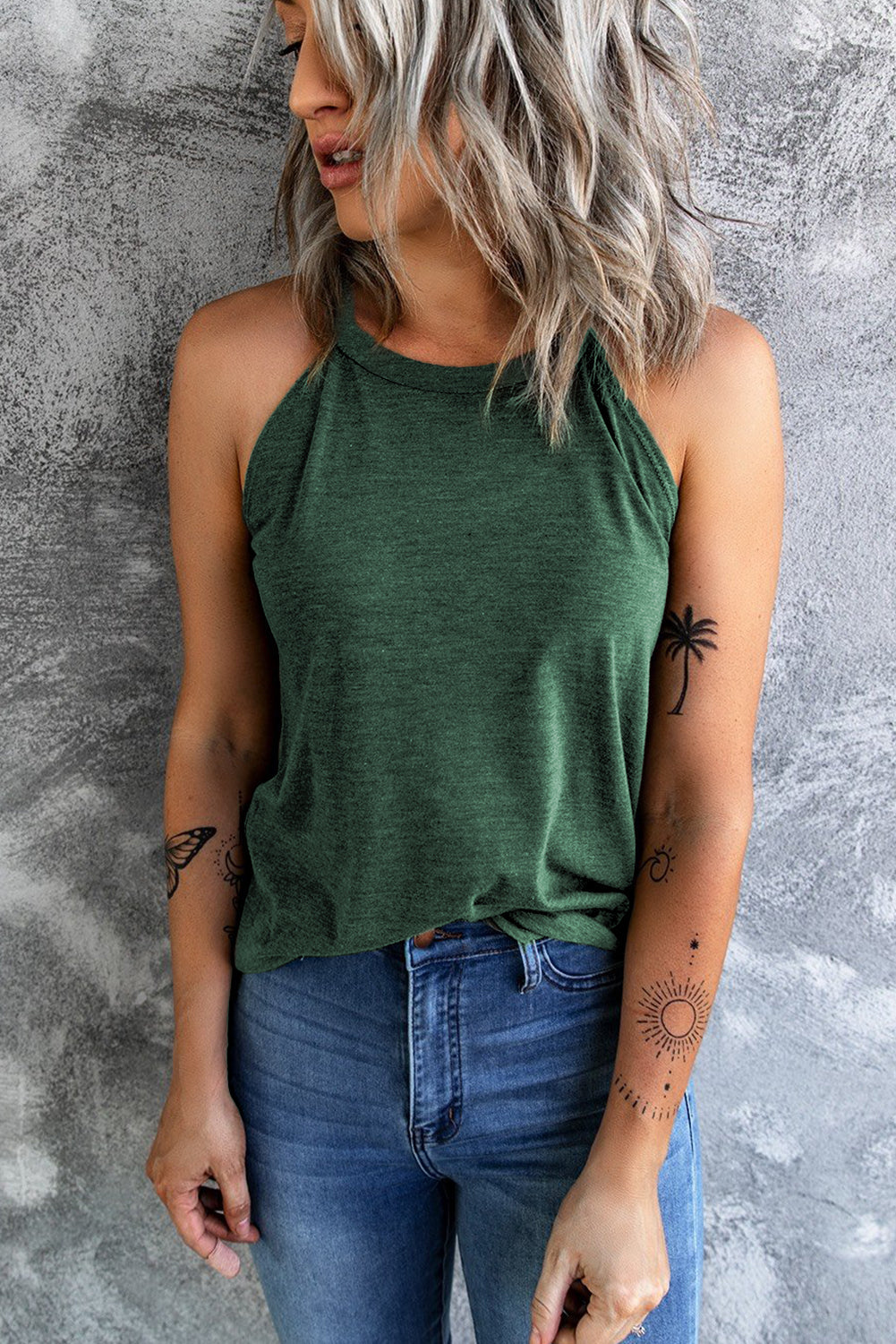 Women's Tank Top with Brief Green Crew Neck