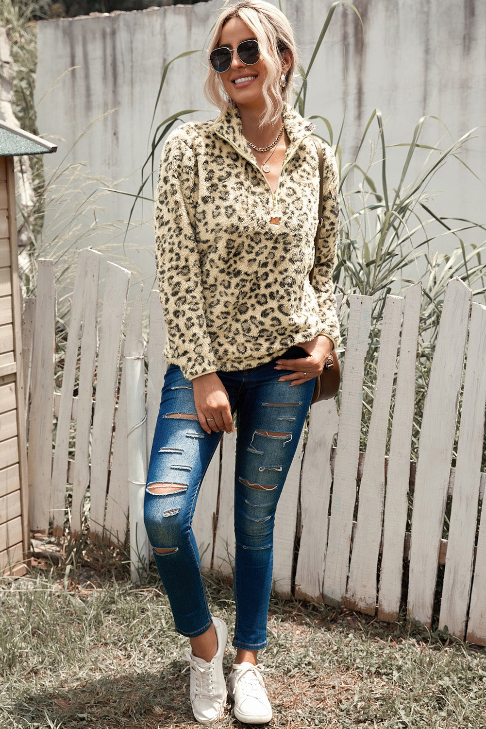Sweatshirt for Women Leopard-Print Fleece