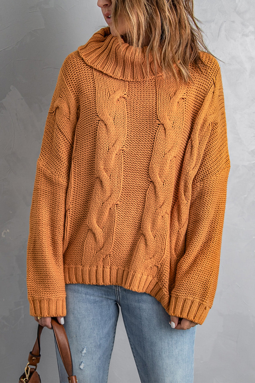 Women's Turtleneck Sweater Featuring Knitted New Yellow Handmade Cable