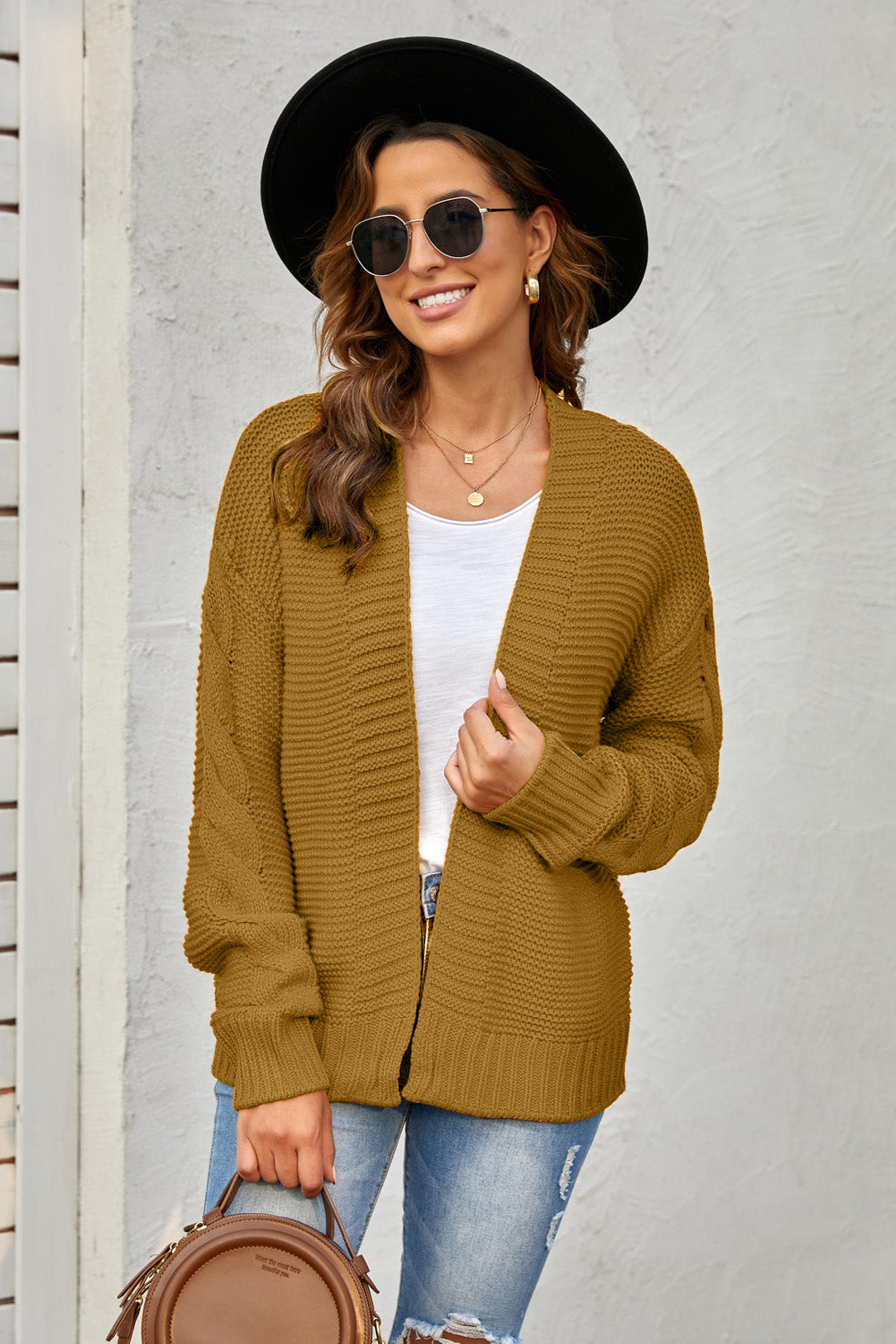 Women's Knit Cardigan with Fahion Brown Open Front Chunky