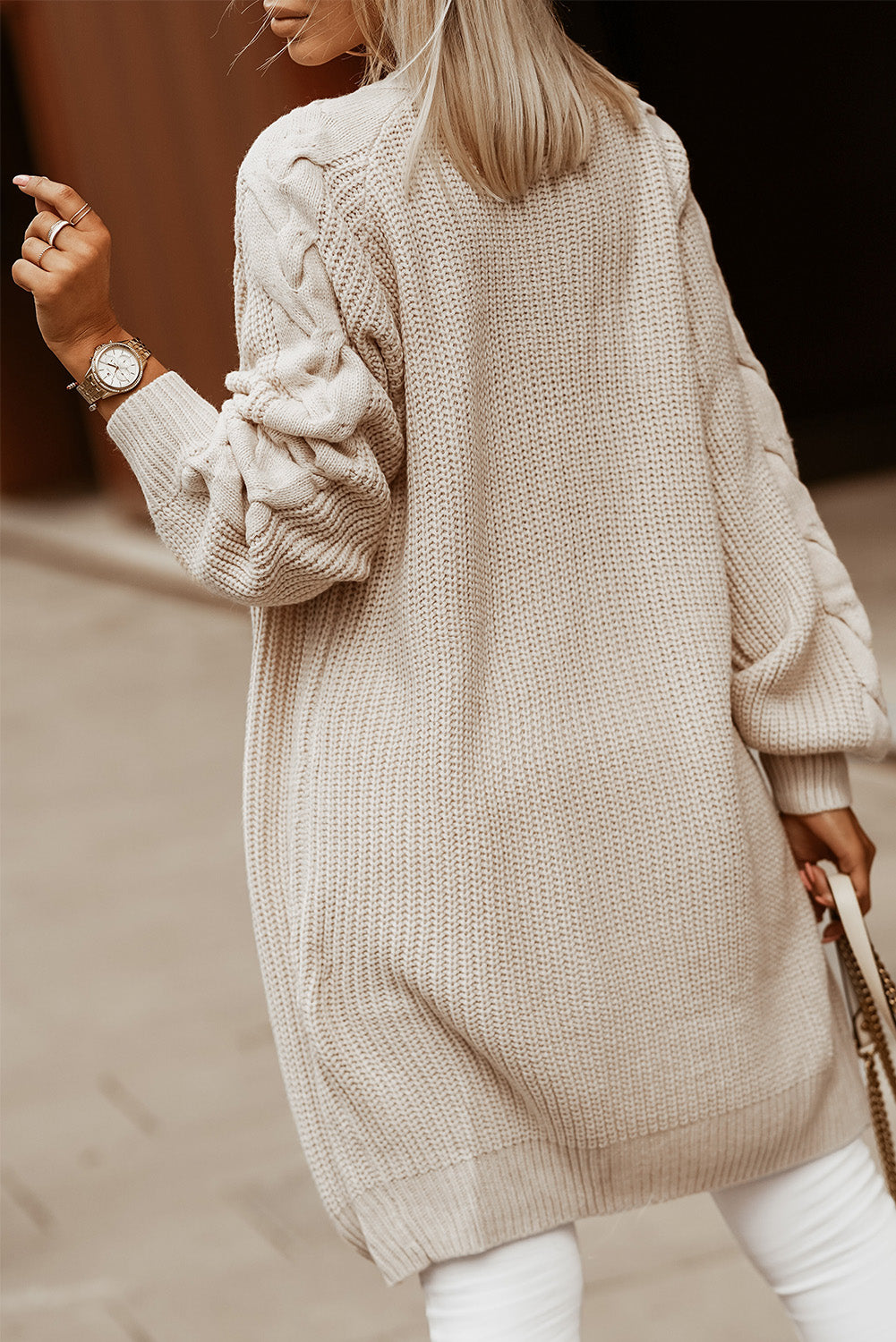 Women's Long Cardigan with Sleeve Khaki Cable