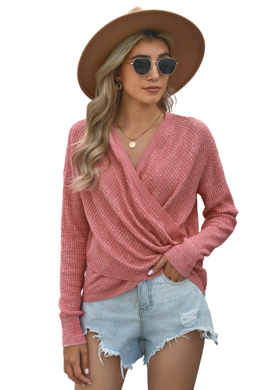 Women's Women's Pink Deep V-neck Long-Sleeve Knit Sweater