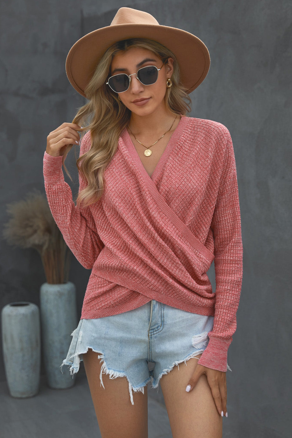 Women's Women's Pink Deep V-neck Long-Sleeve Knit Sweater