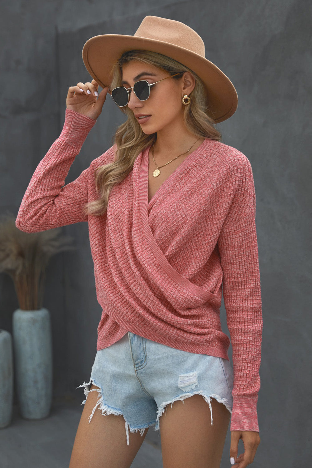 Women's Women's Pink Deep V-neck Long-Sleeve Knit Sweater