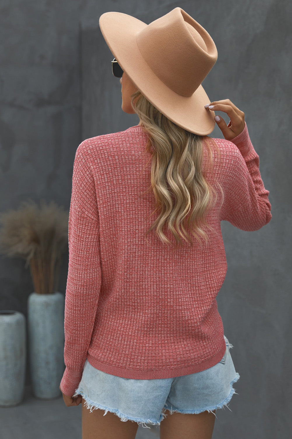 Women's Women's Pink Deep V-neck Long-Sleeve Knit Sweater