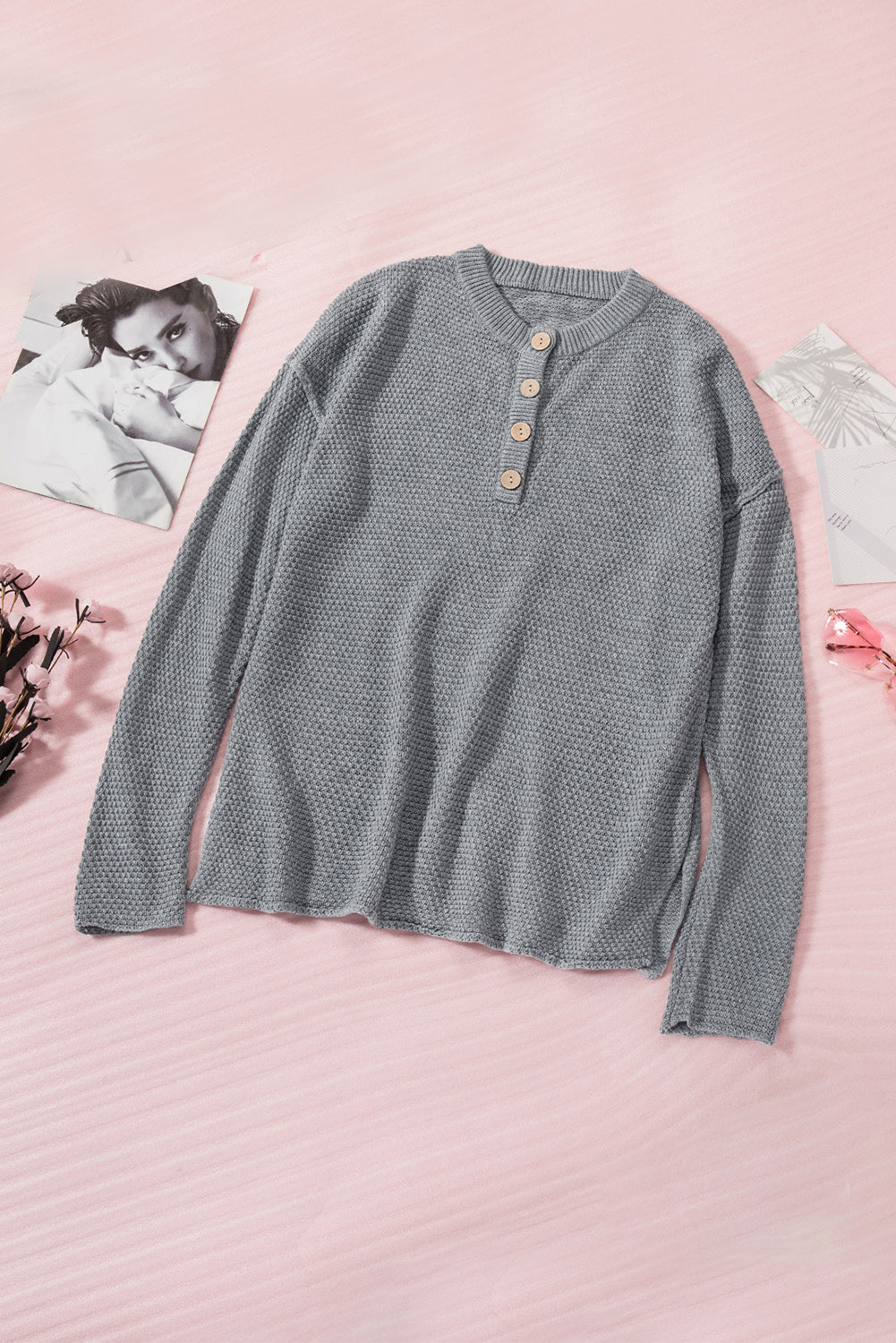 Women's Sweater with Women's Gray Henley Pullover Dropped-Shoulder Slits