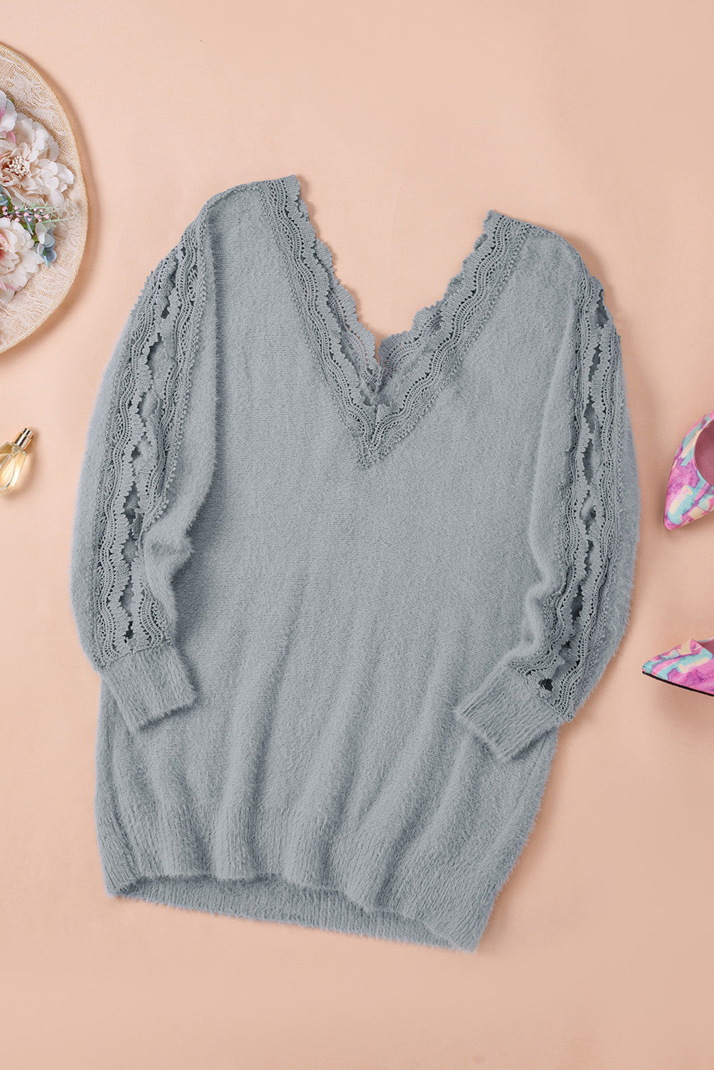Sweater for Women Gray Lace-Trimmed Splicing