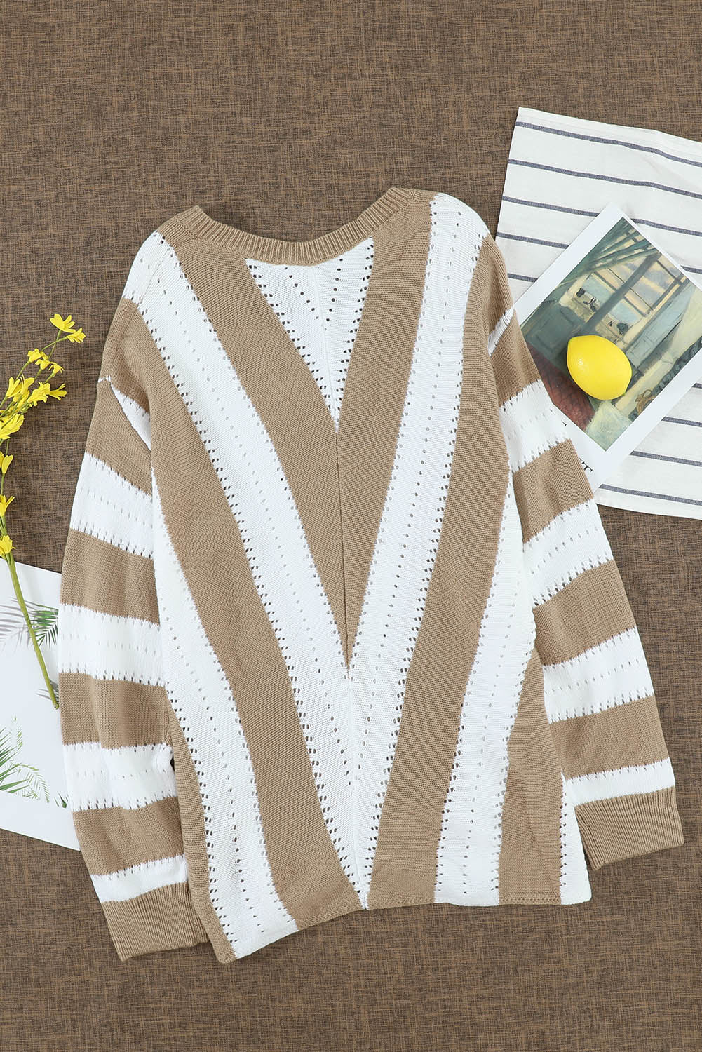 Women's Sweater with New Khaki Striped Color-Block V Neck Knitted