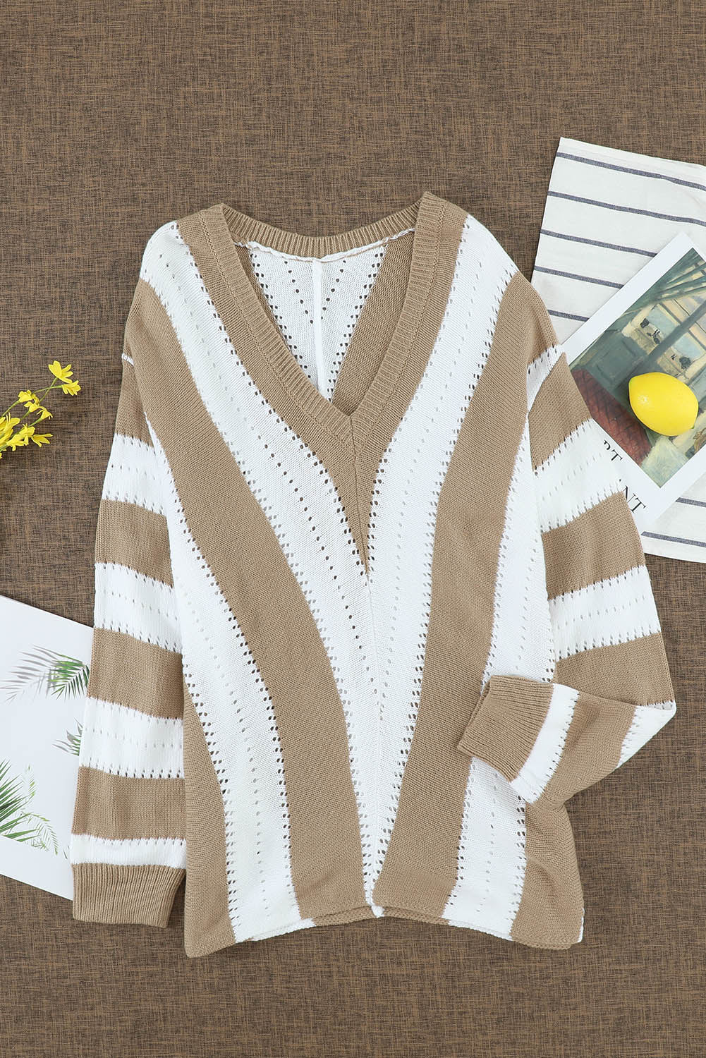 Women's Sweater with New Khaki Striped Color-Block V Neck Knitted
