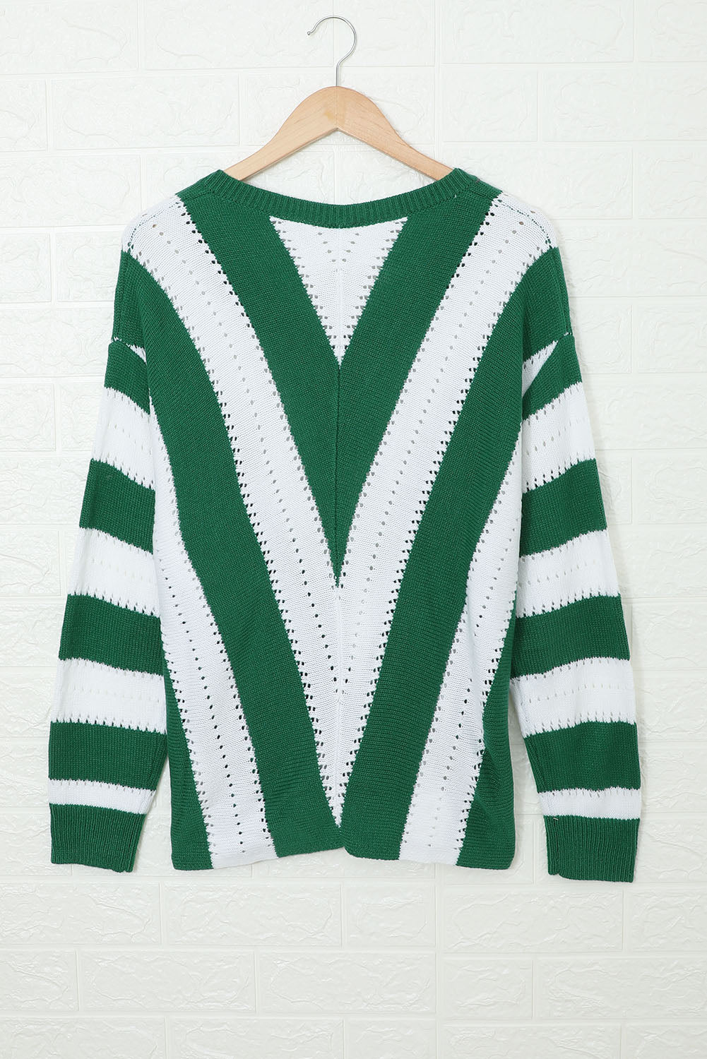 Women's V Neck Knitted Green White Striped Color-Block Sweater
