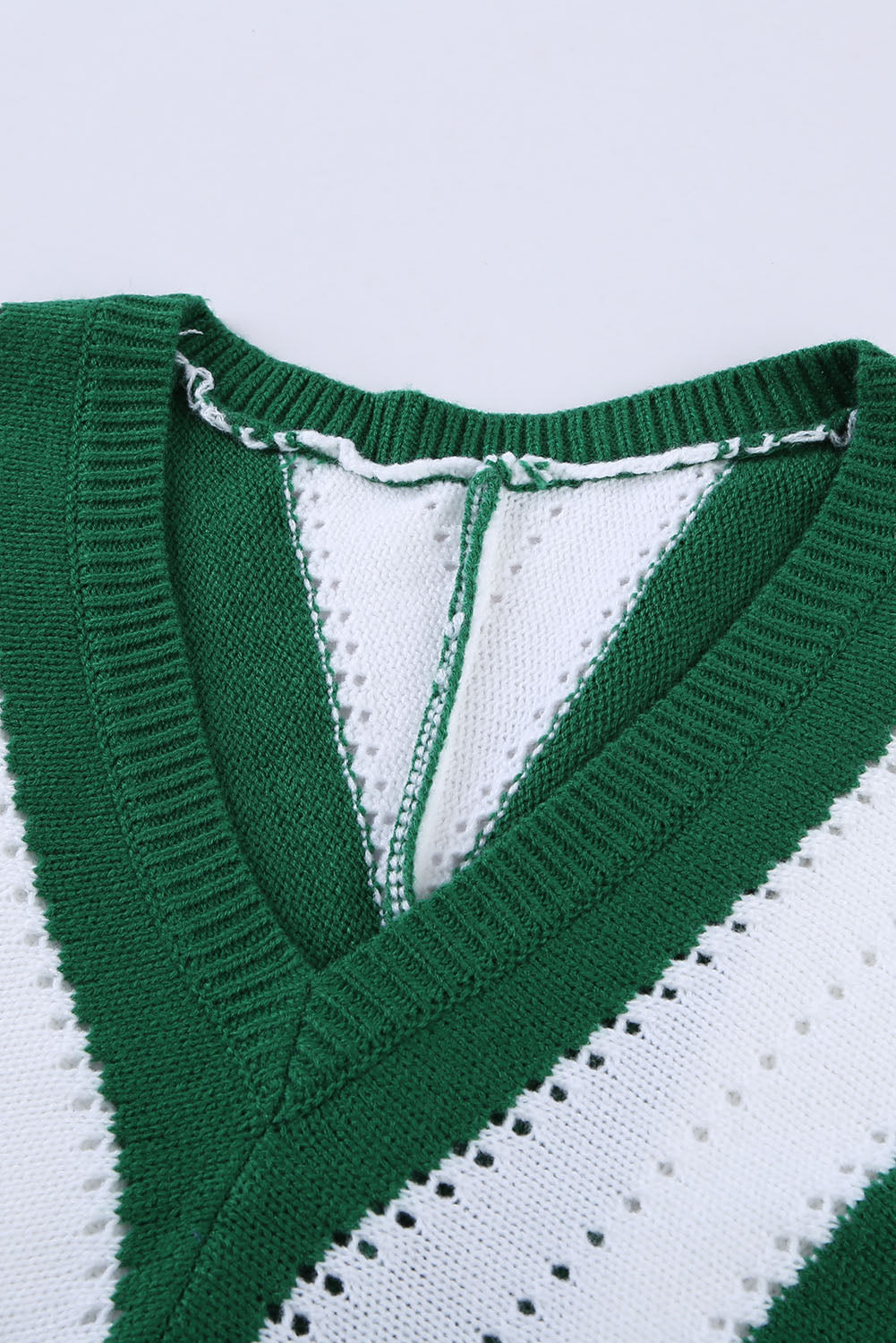 Women's V Neck Knitted Green White Striped Color-Block Sweater