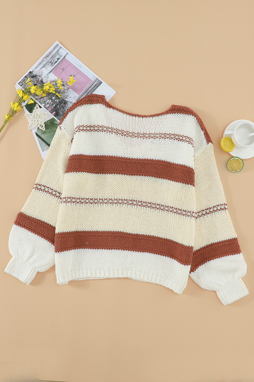 Women's Sweater Featuring Beige Red Striped