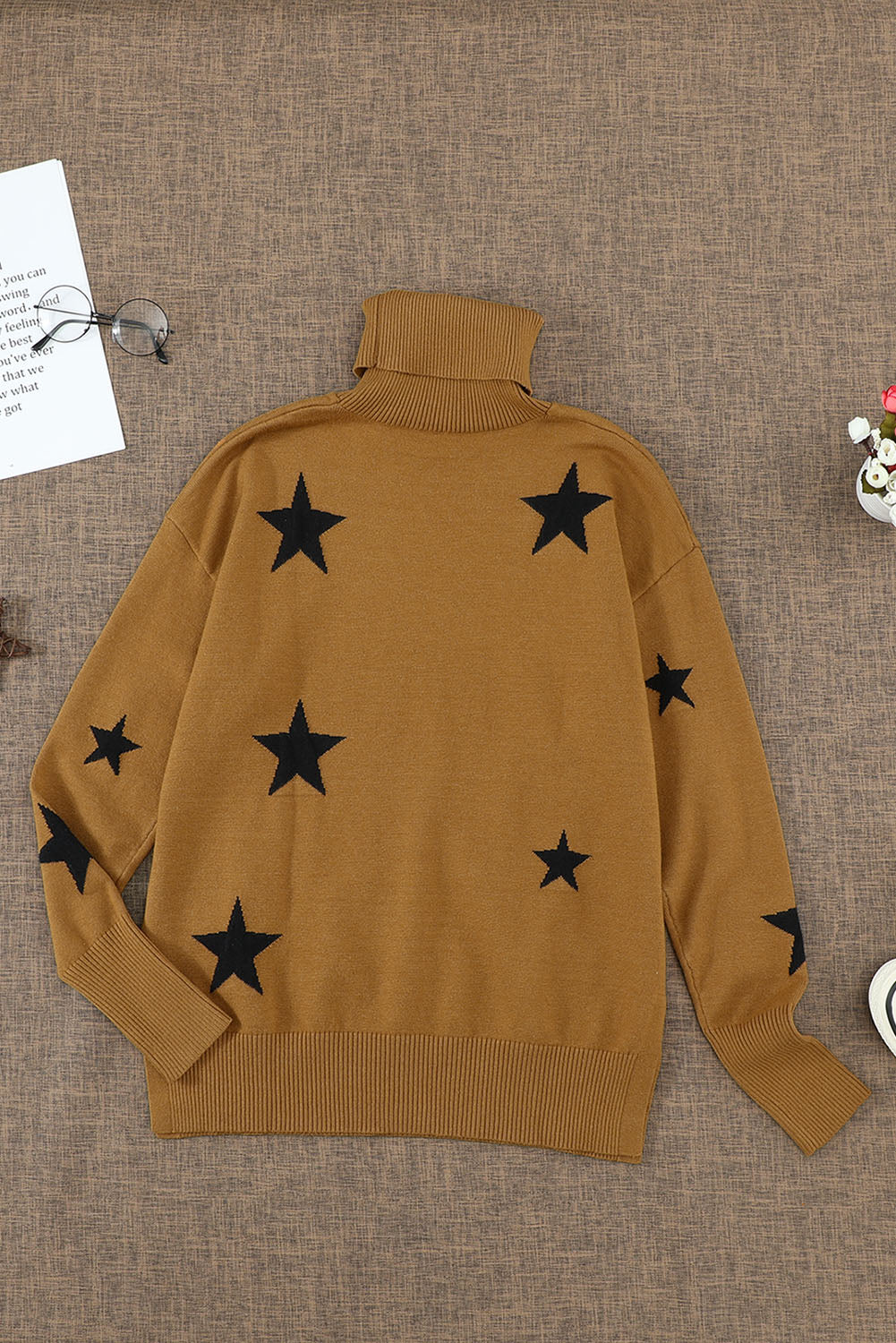 Sweater for Women Winter Khaki Turtleneck Dropped Sleeve Star Print