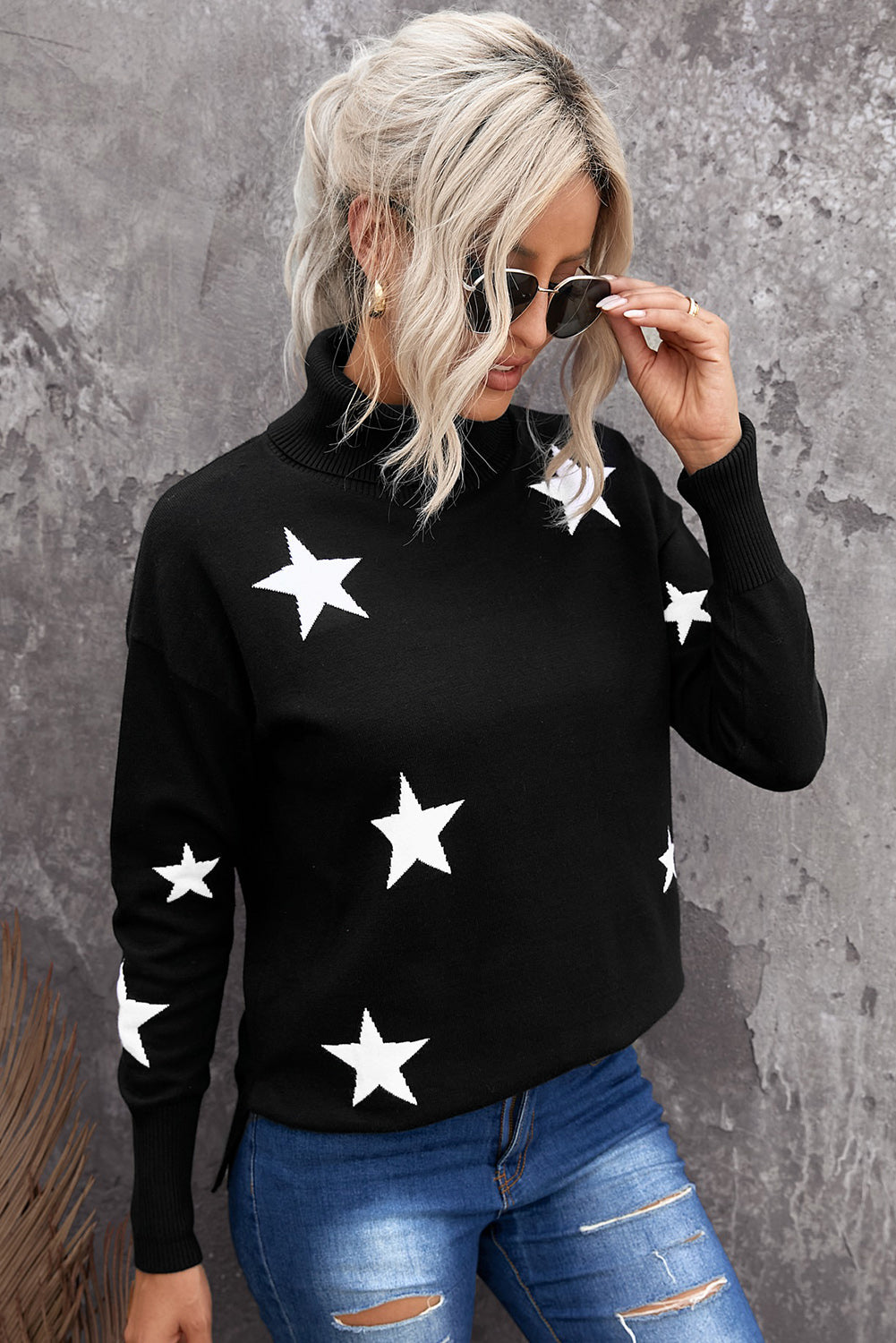 Women's Sweater with Star Print Turtleneck