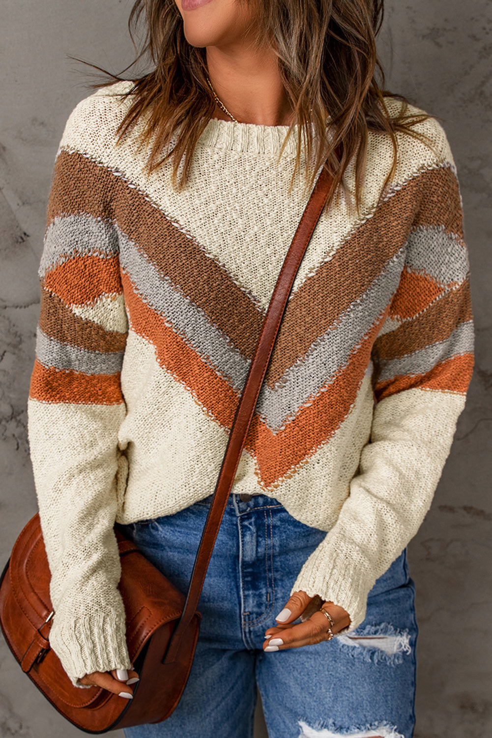 Women's Sweater with Striped Beige Chevron