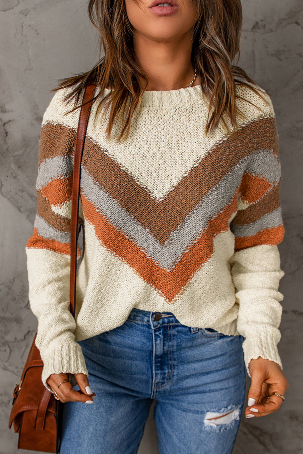 Women's Sweater with Striped Beige Chevron