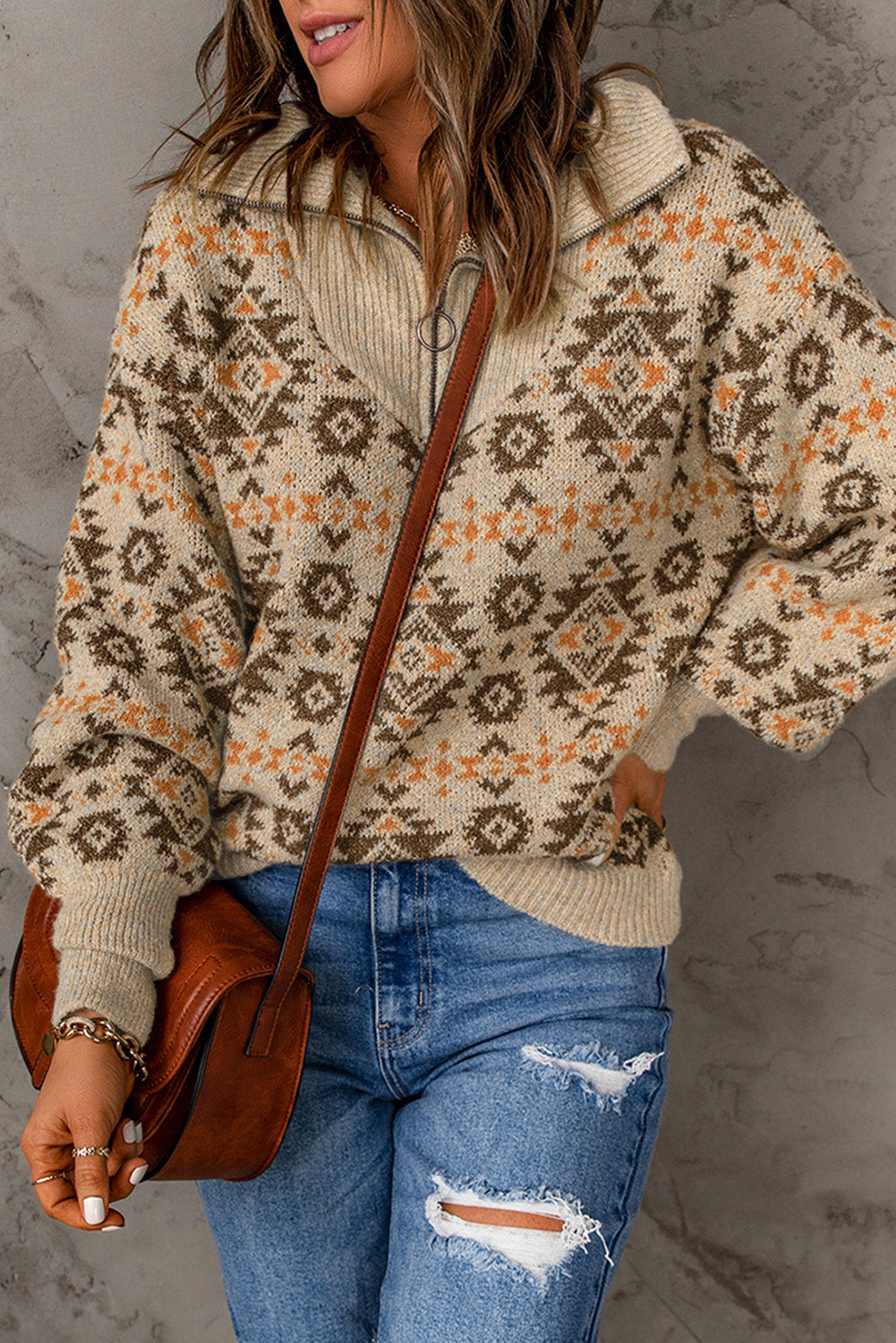 Women's Sweater with Zipped Khaki Aztec