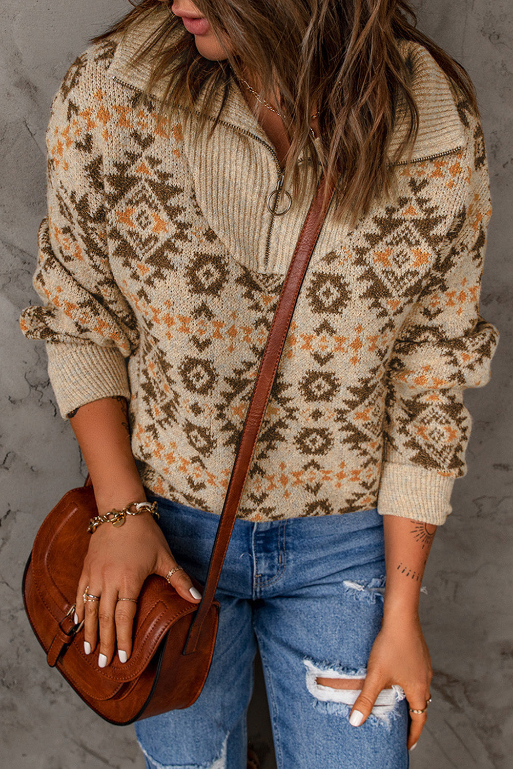 Women's Sweater with Zipped Khaki Aztec