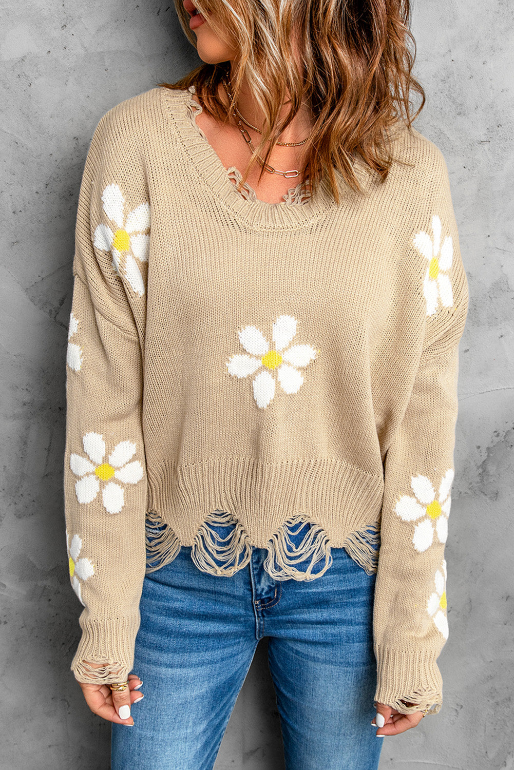 Women's Sweater with Distressed Daisy Pattern