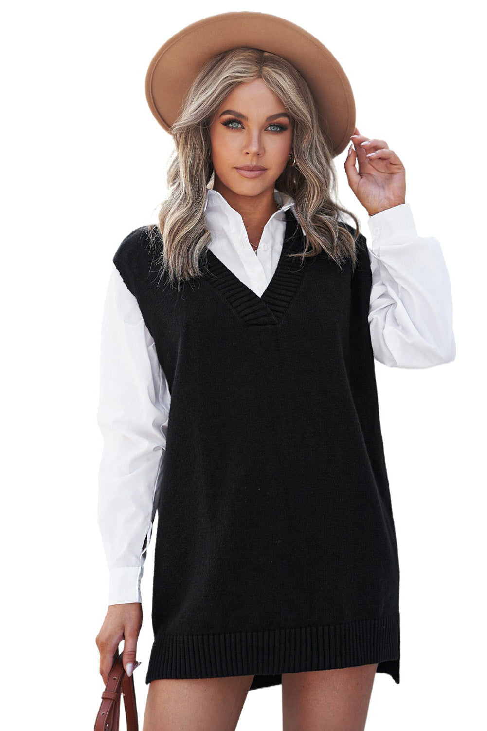 Women's Sweater with Black Knitted Pullover Vest