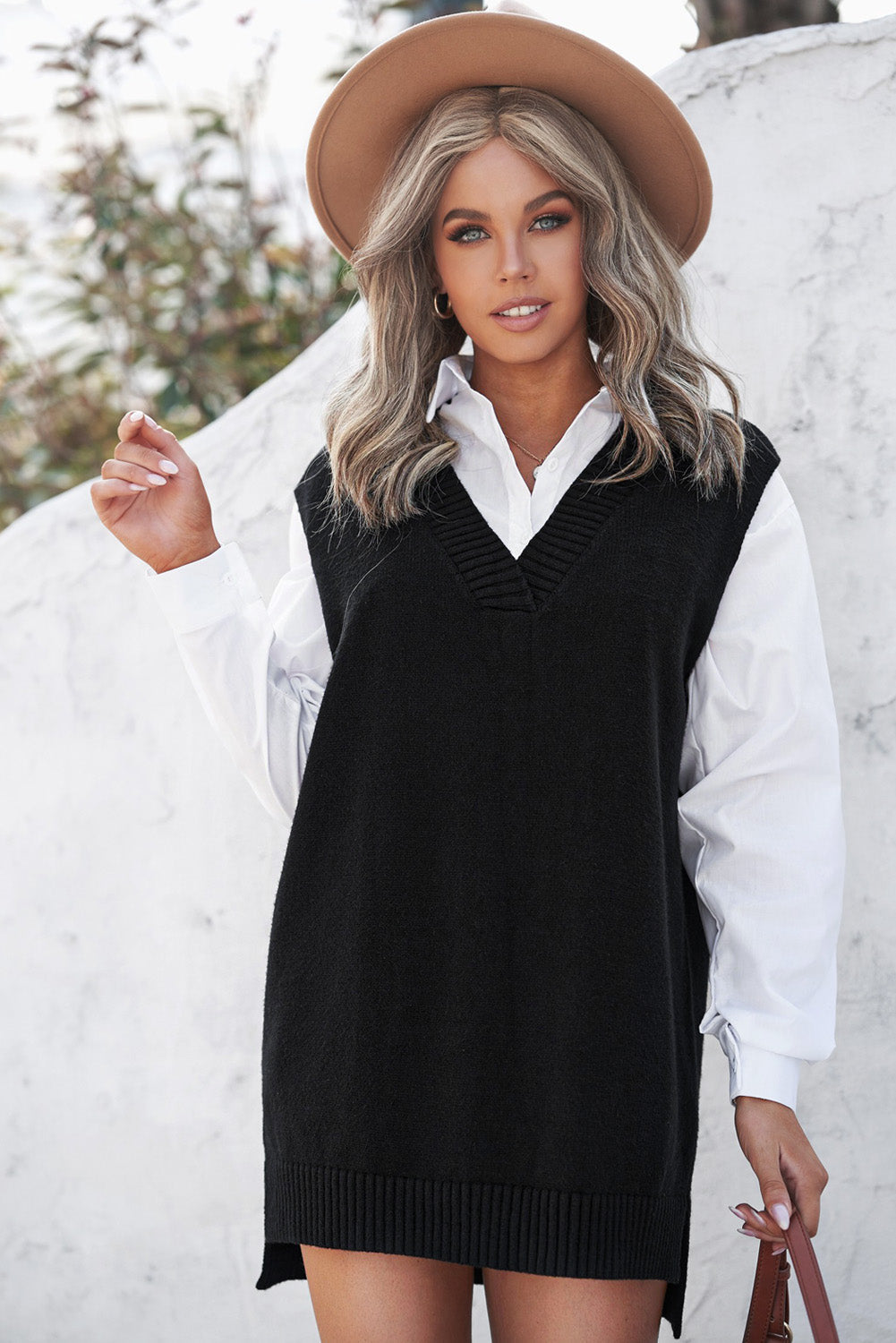 Women's Sweater with Black Knitted Pullover Vest