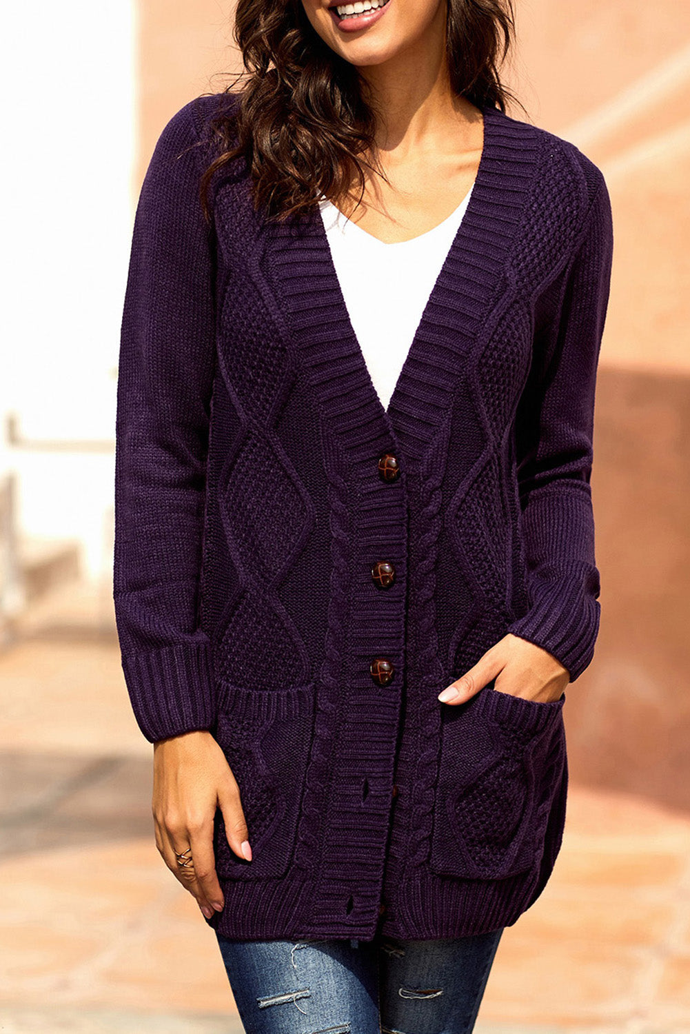 Women's Cardigan with Women Purple Front Pocket And Buttons Closure