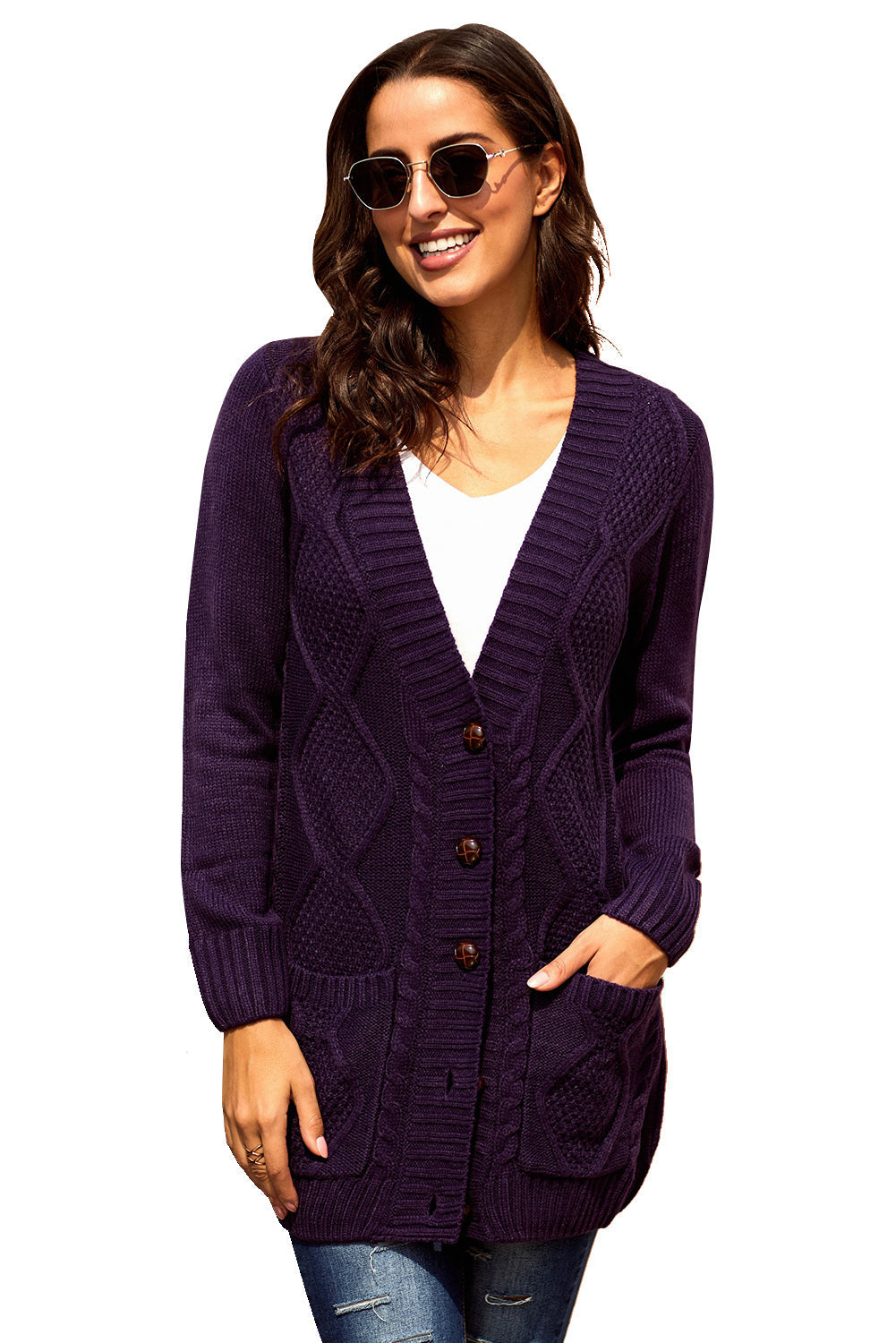 Women's Cardigan with Women Purple Front Pocket And Buttons Closure