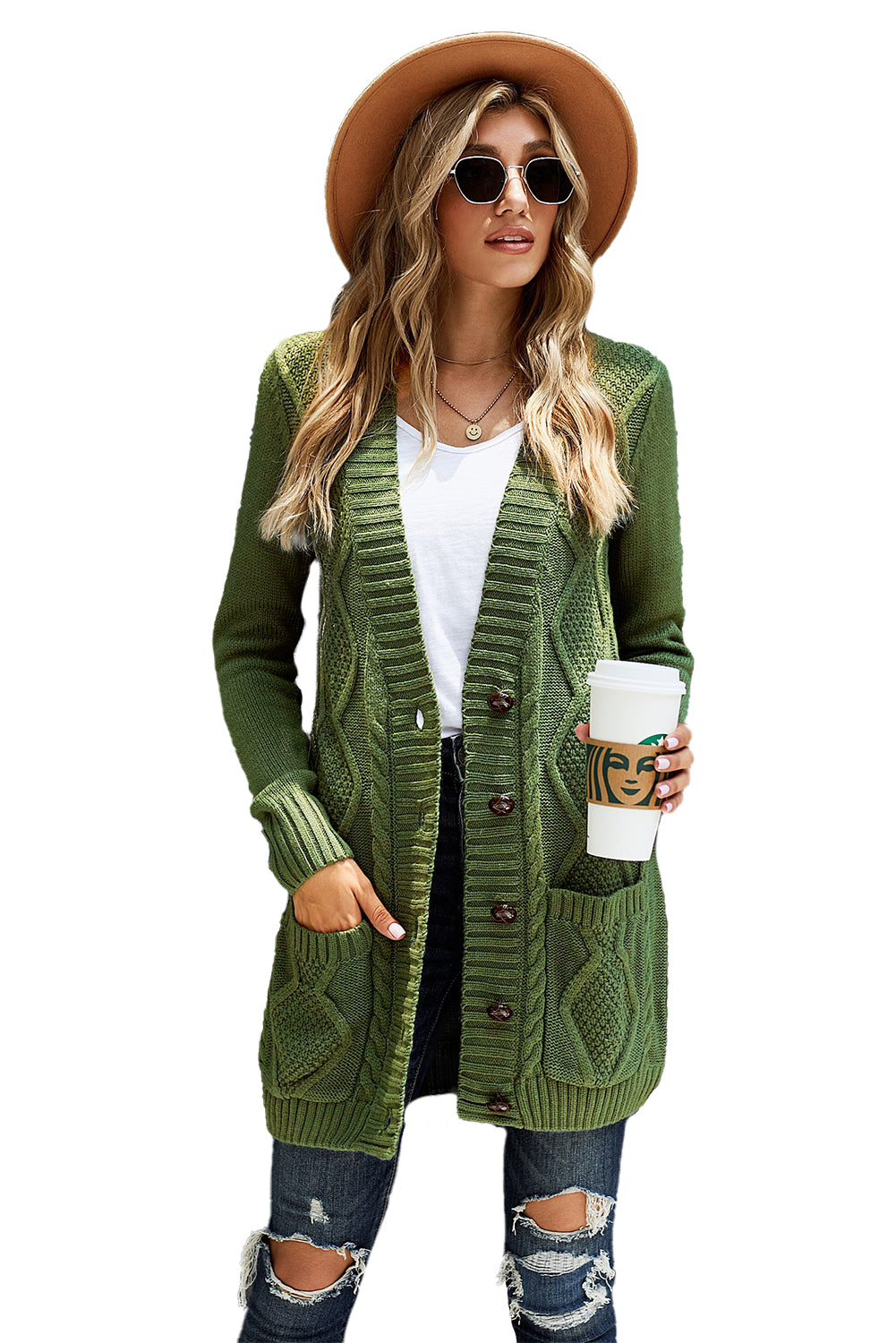 Cardigan for Women Pocket and Buttons Closure Green Front