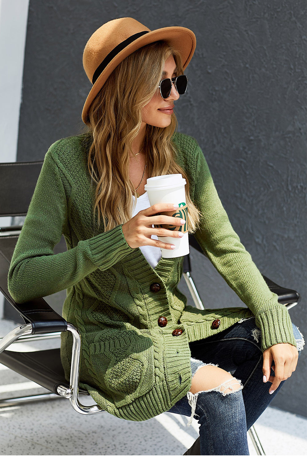Cardigan for Women Pocket and Buttons Closure Green Front