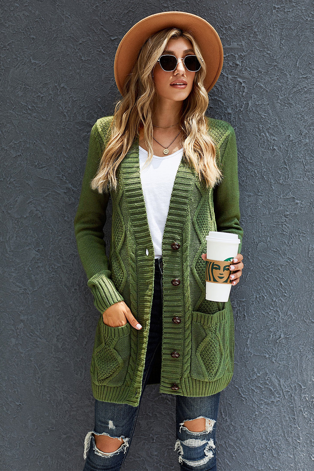 Cardigan for Women Pocket and Buttons Closure Green Front