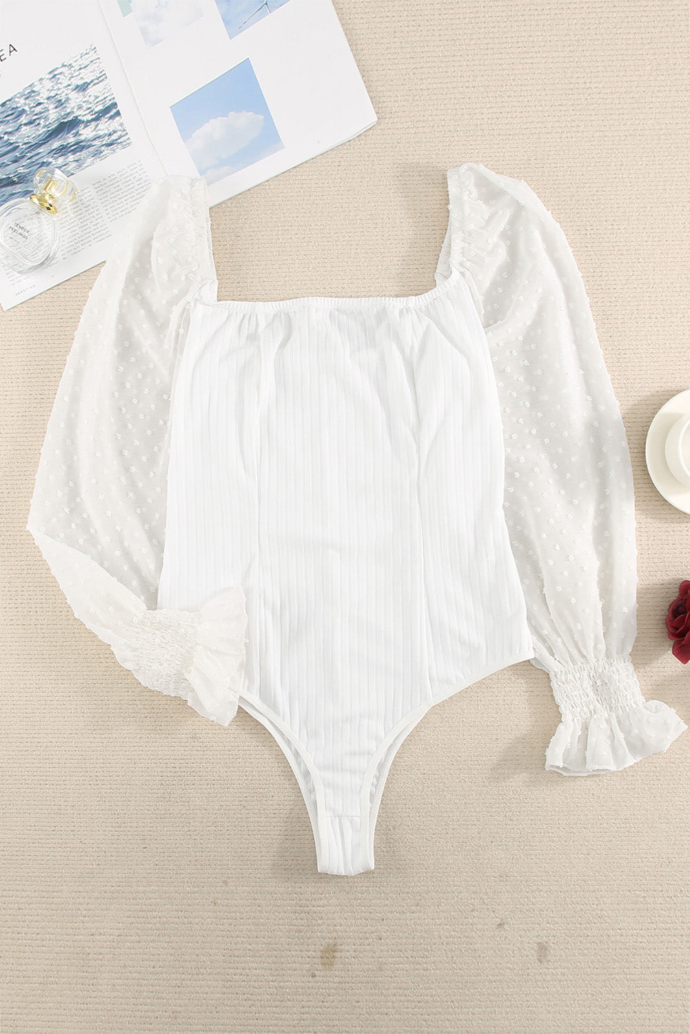 Women's Bodysuit Featuring White Swiss Dot Rib-Knitted
