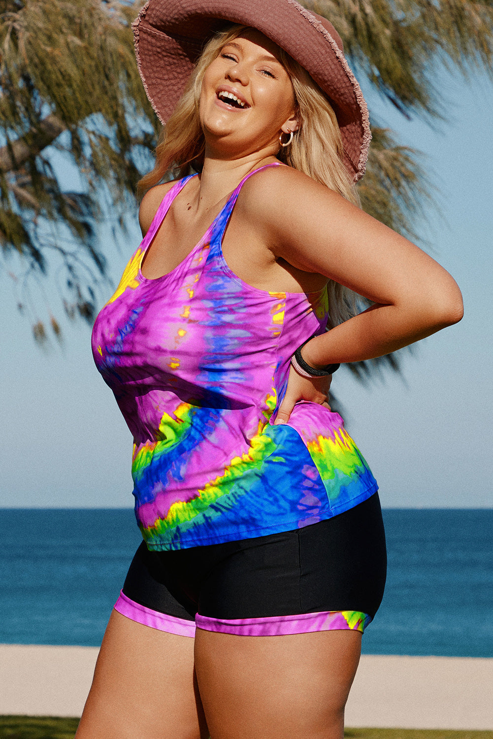 Women's Tankini Featuring Plus Size Rainbow Tie-dye