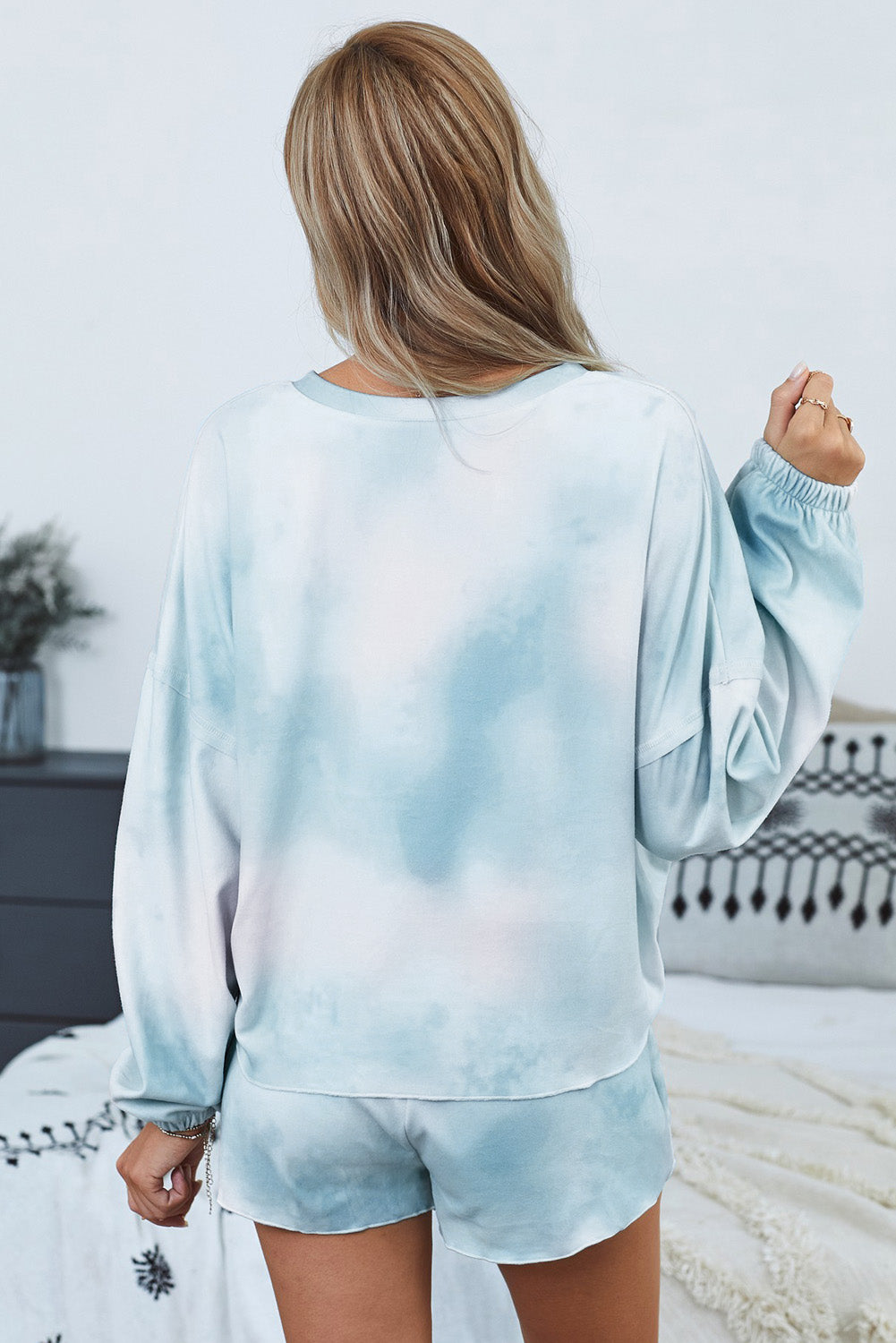 Set for Women Long-Sleeve and Short Pajamas Sky Blue Tie Dye Knitted