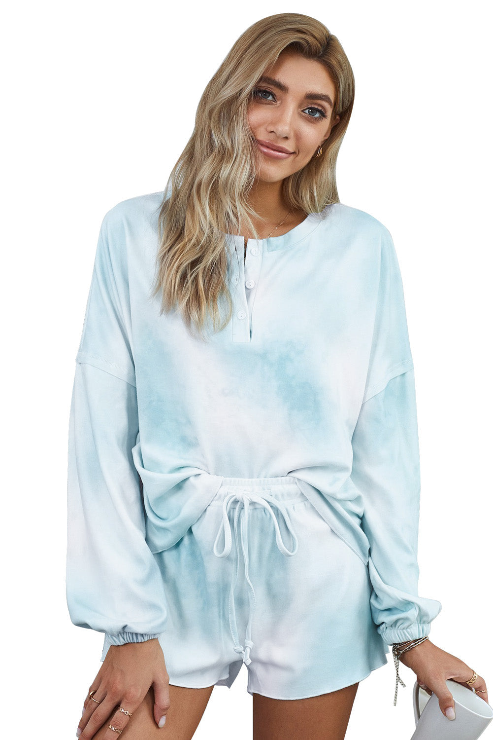 Set for Women Long-Sleeve and Short Pajamas Sky Blue Tie Dye Knitted
