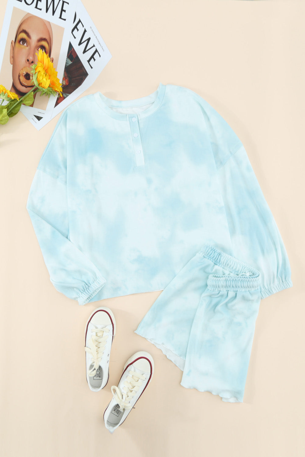 Set for Women Long-Sleeve and Short Pajamas Sky Blue Tie Dye Knitted