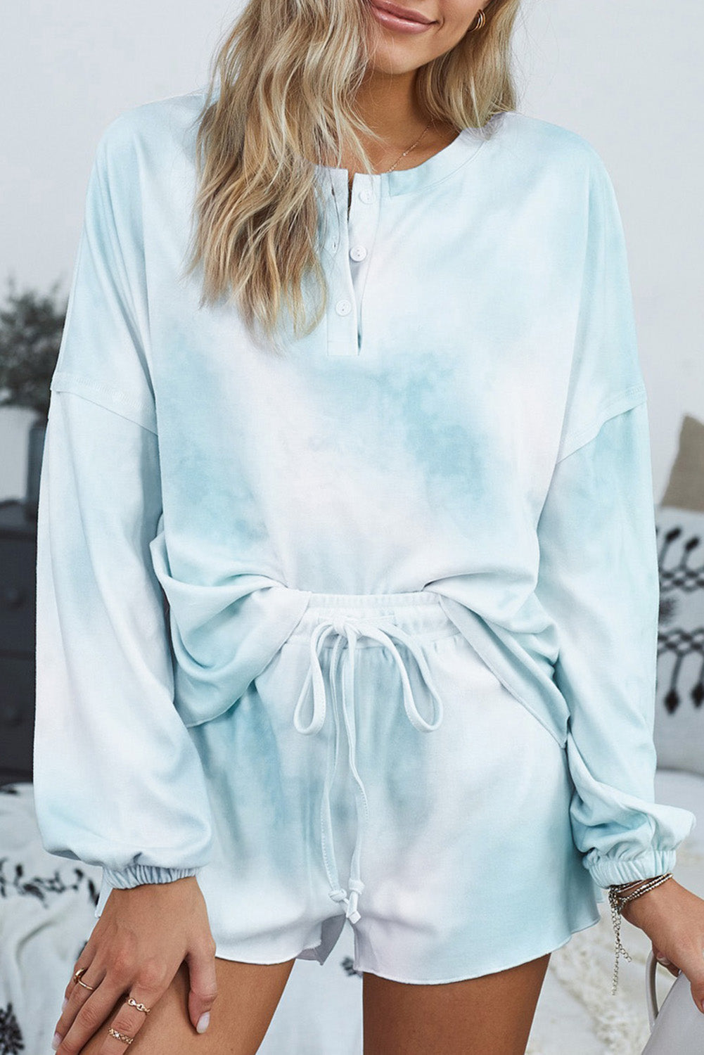 Set for Women Long-Sleeve and Short Pajamas Sky Blue Tie Dye Knitted