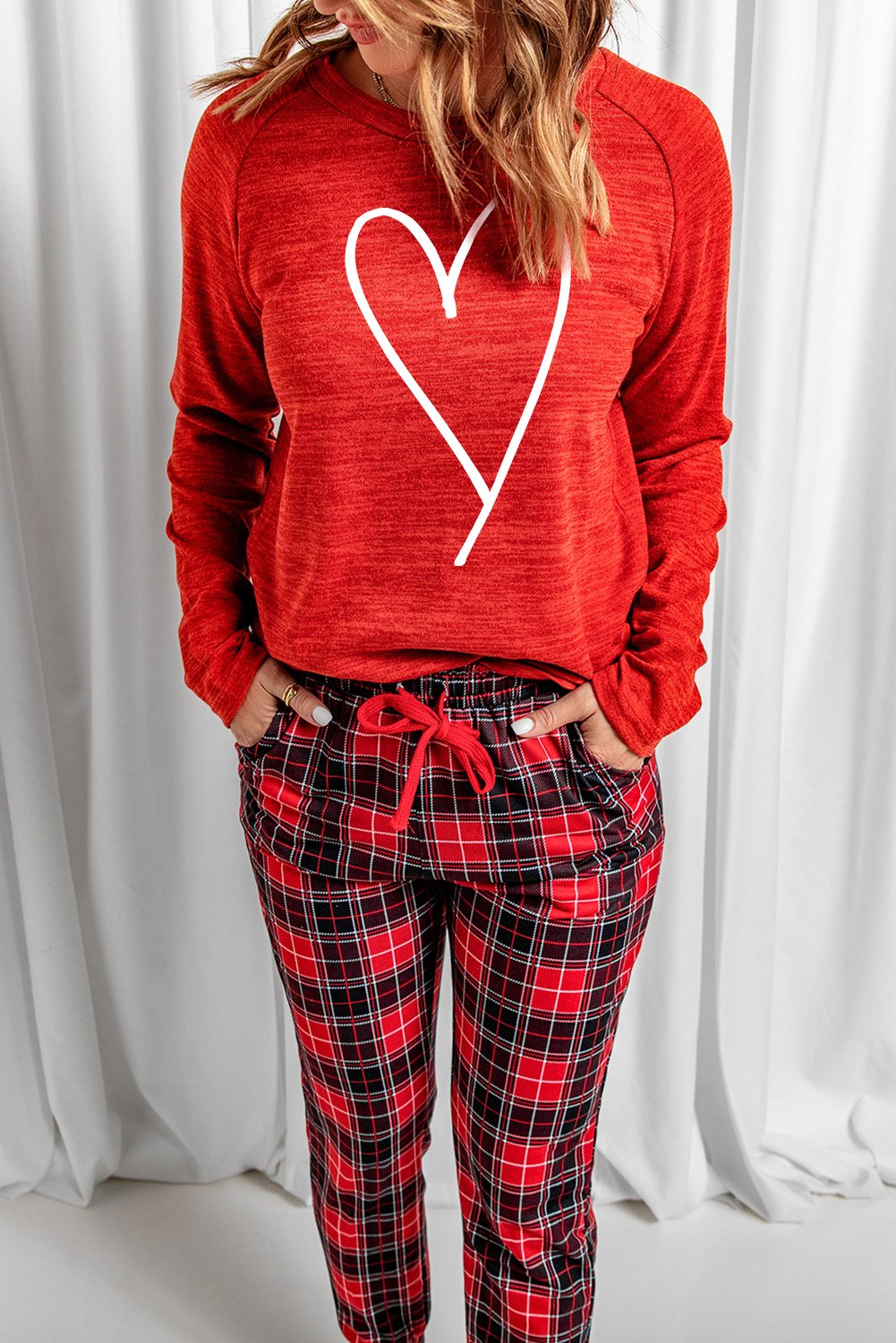 Women's Plaid Lounge Red Heart Print Set
