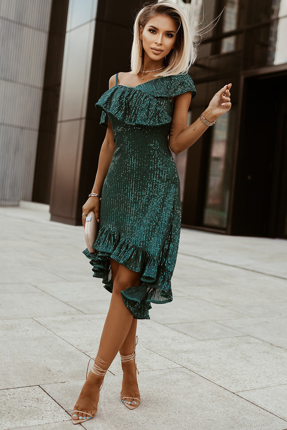 Dress for Women Green One-Shoulder Sequin