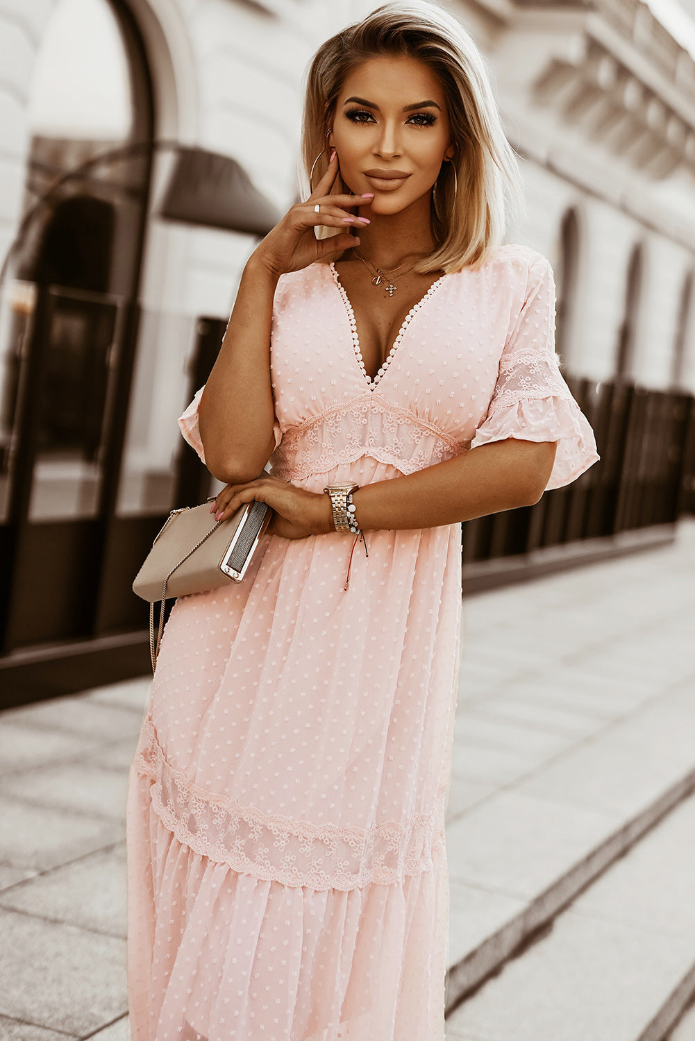 Women's Maxi Dress with Pink Short-Sleeve Bohemian