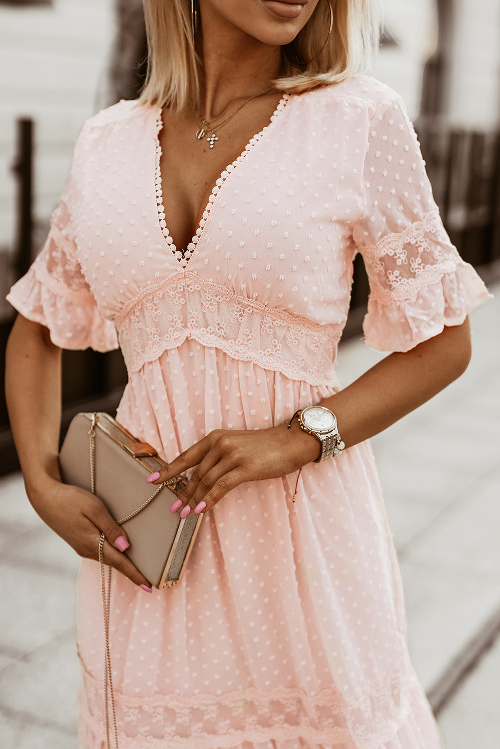 Women's Maxi Dress with Pink Short-Sleeve Bohemian