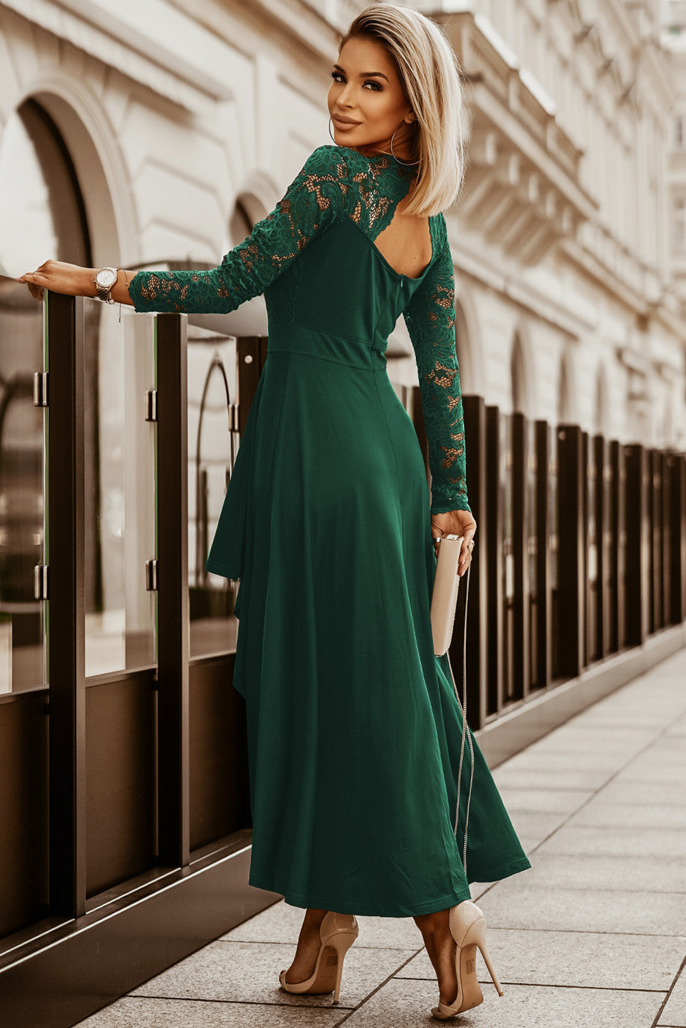 Women's Dress with Green Long-Sleeve Lace-Trimmed Evening