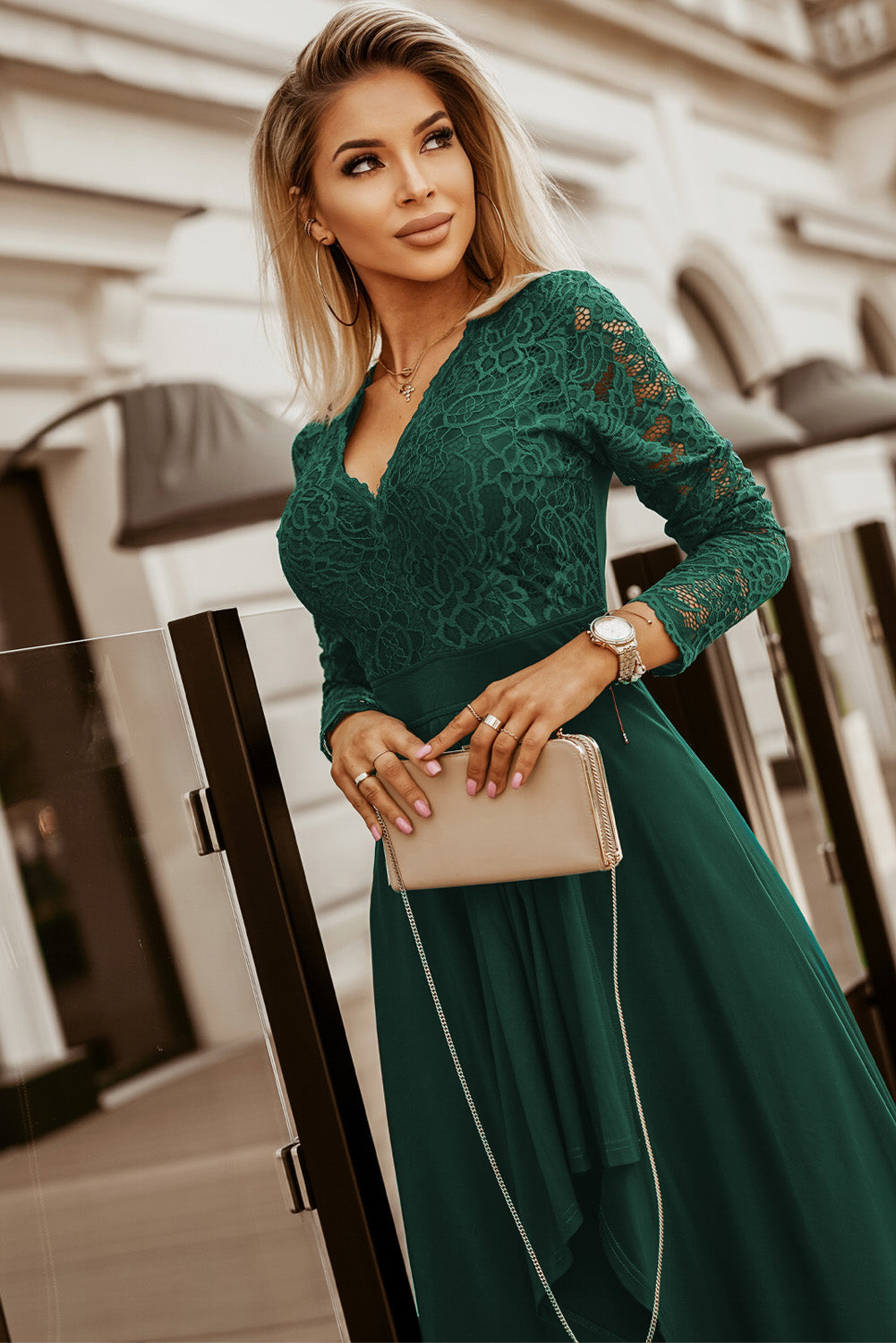 Women's Dress with Green Long-Sleeve Lace-Trimmed Evening