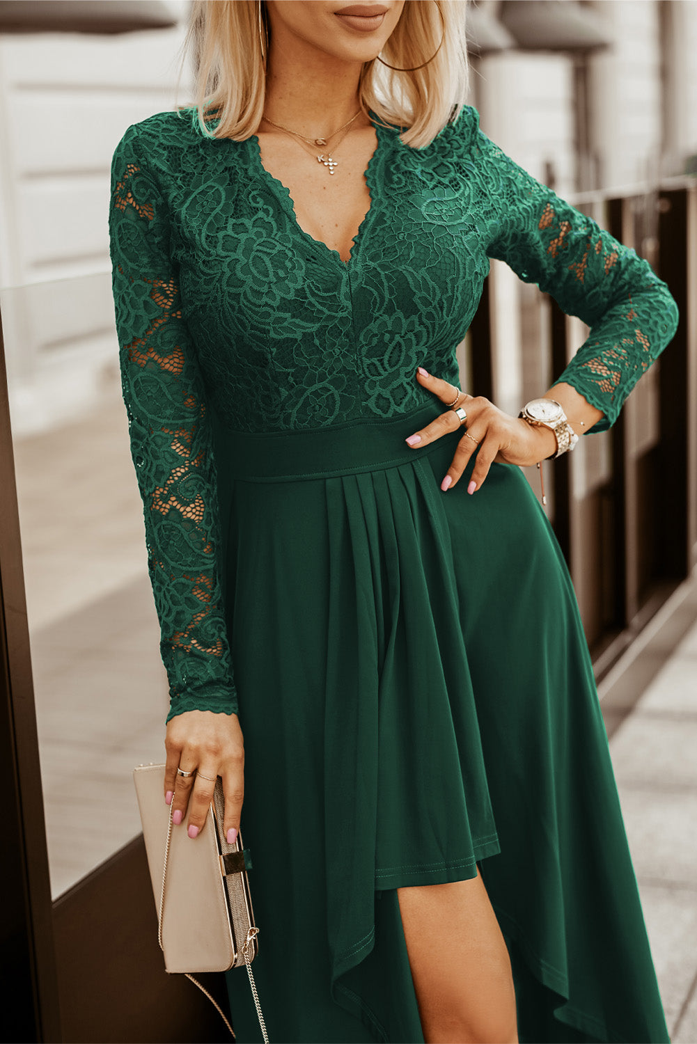 Women's Dress with Green Long-Sleeve Lace-Trimmed Evening