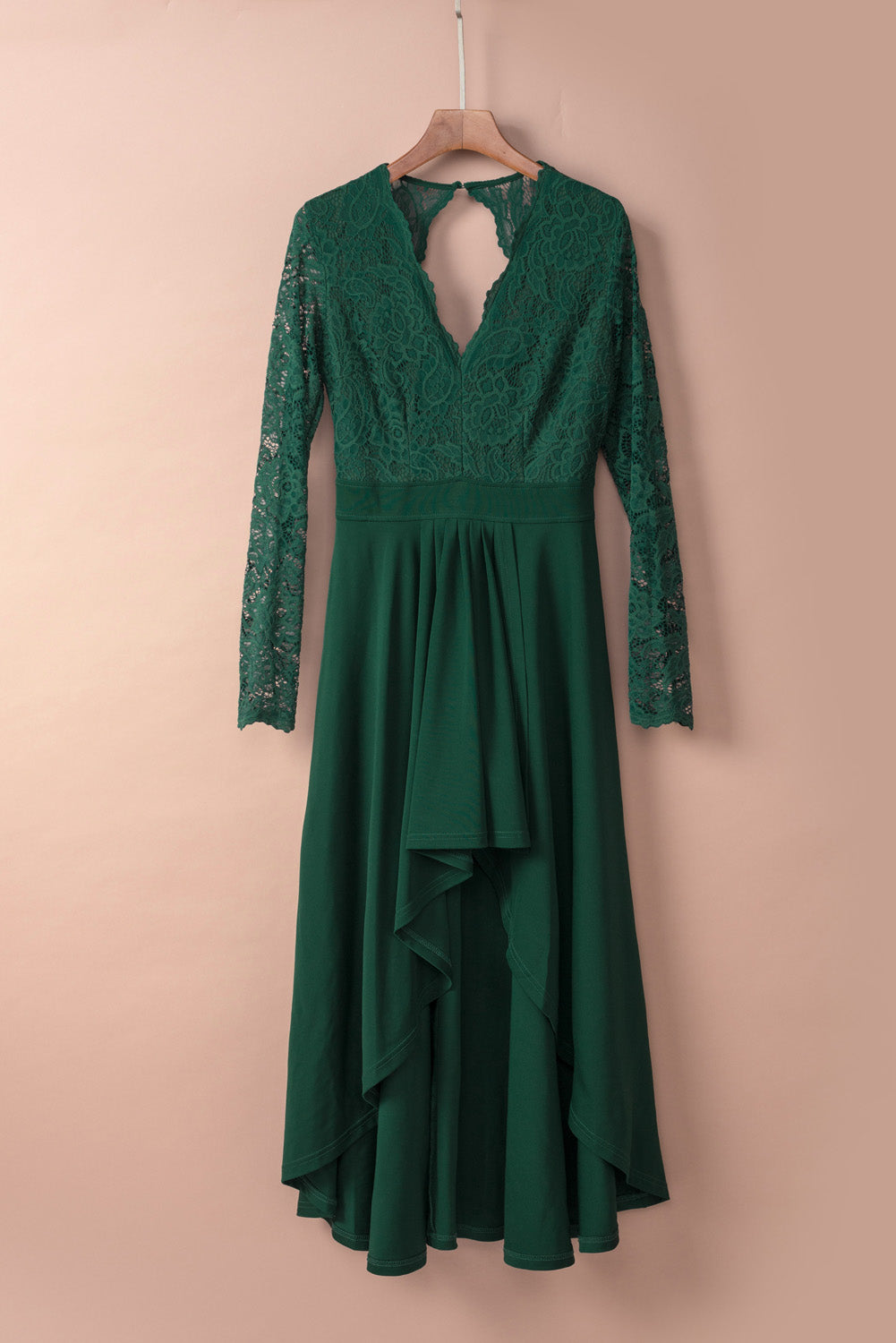 Women's Dress with Green Long-Sleeve Lace-Trimmed Evening